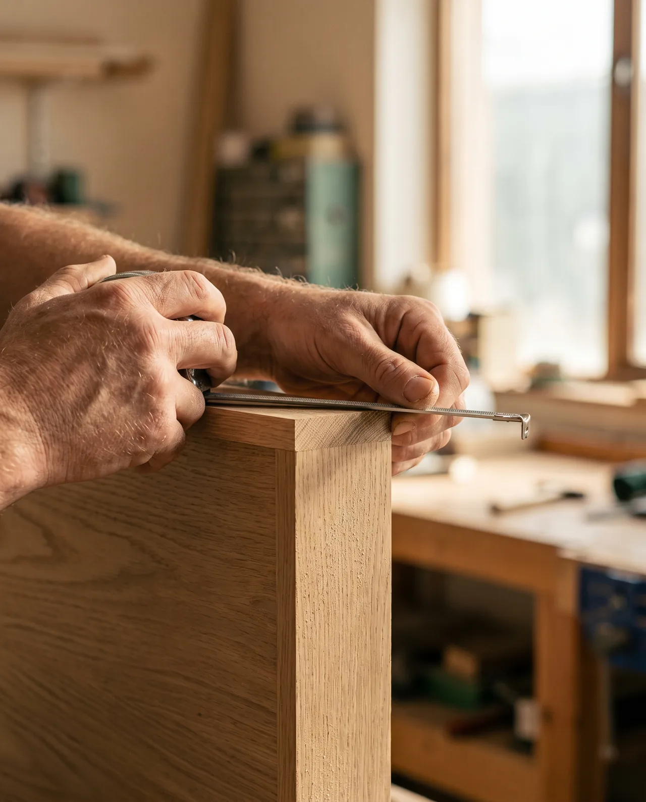 Close-up of a carpenter measuring the edge of an oak carcass panel with a steel tape measure