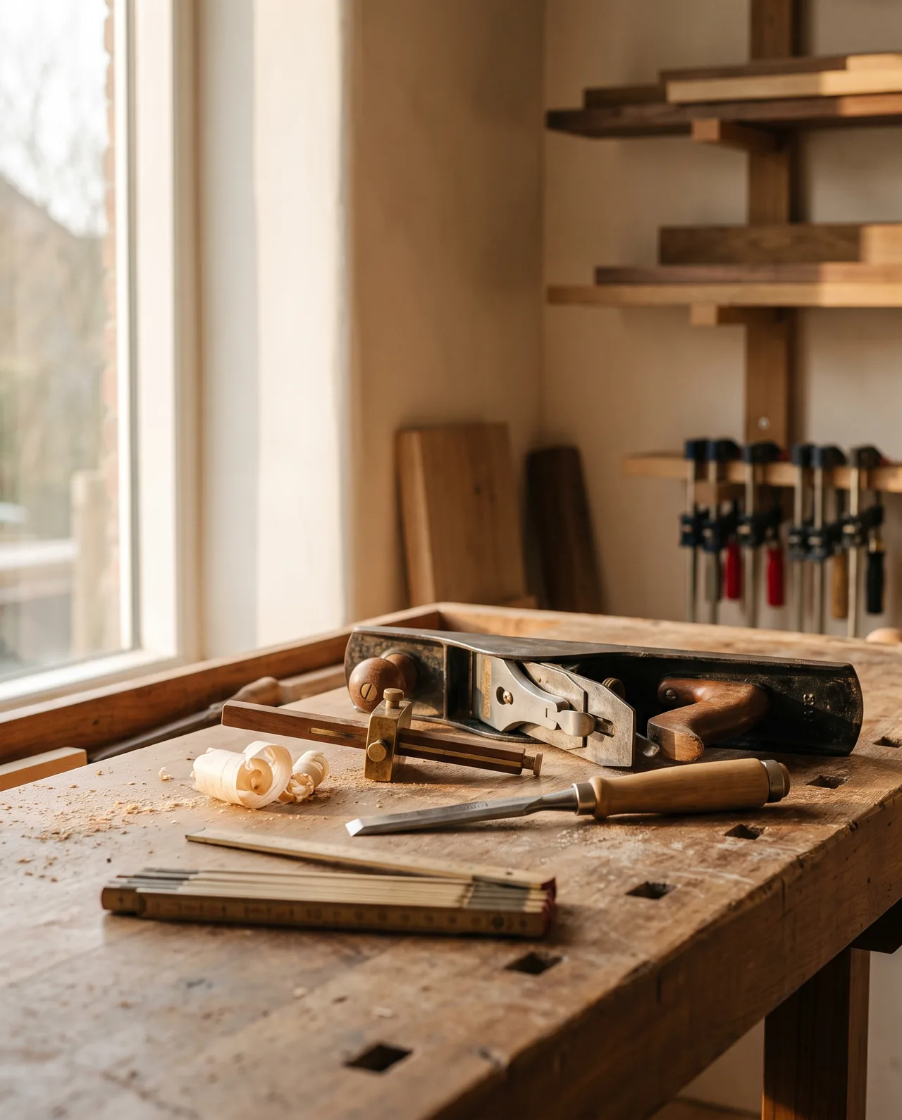 Close-up of a hand plane, wooden-handled chisels and a folding rule on a workbench with fresh shavings