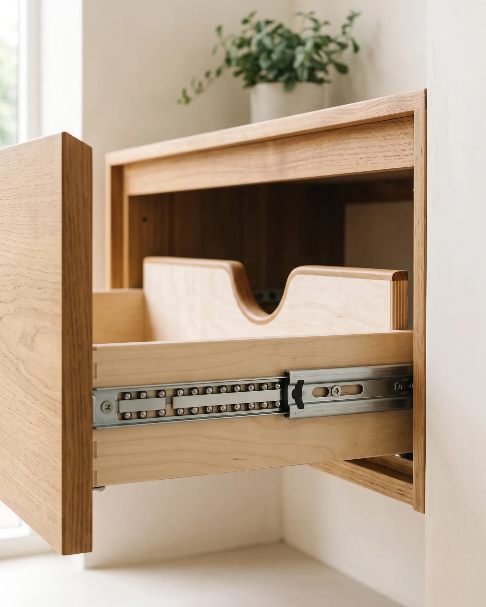 A bathroom drawer pulled out on a ball-bearing runner, its back panel notched in a wide curve to clear the basin waste.
