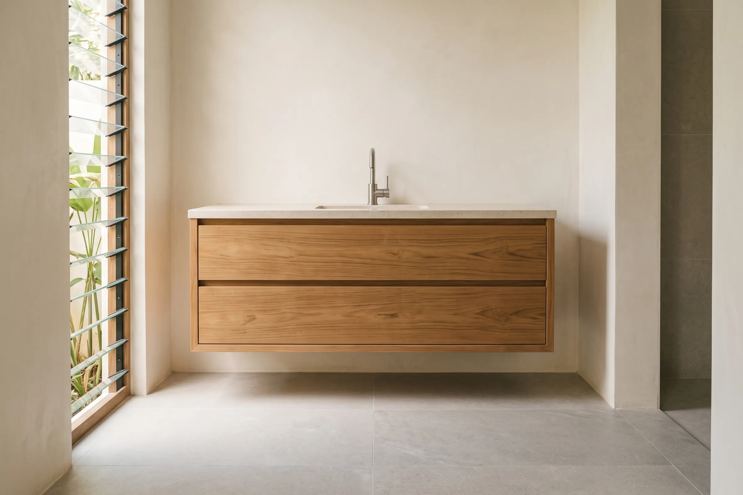 A wall-hung oak vanity with two drawers under a stone top and basin, the tiled floor running dry and unbroken beneath it.