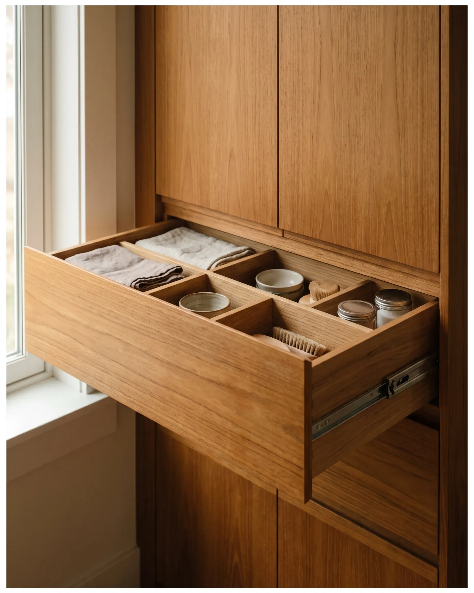 Deep built-in drawer pulled open showing solid oak dividers organizing folded linen and household items