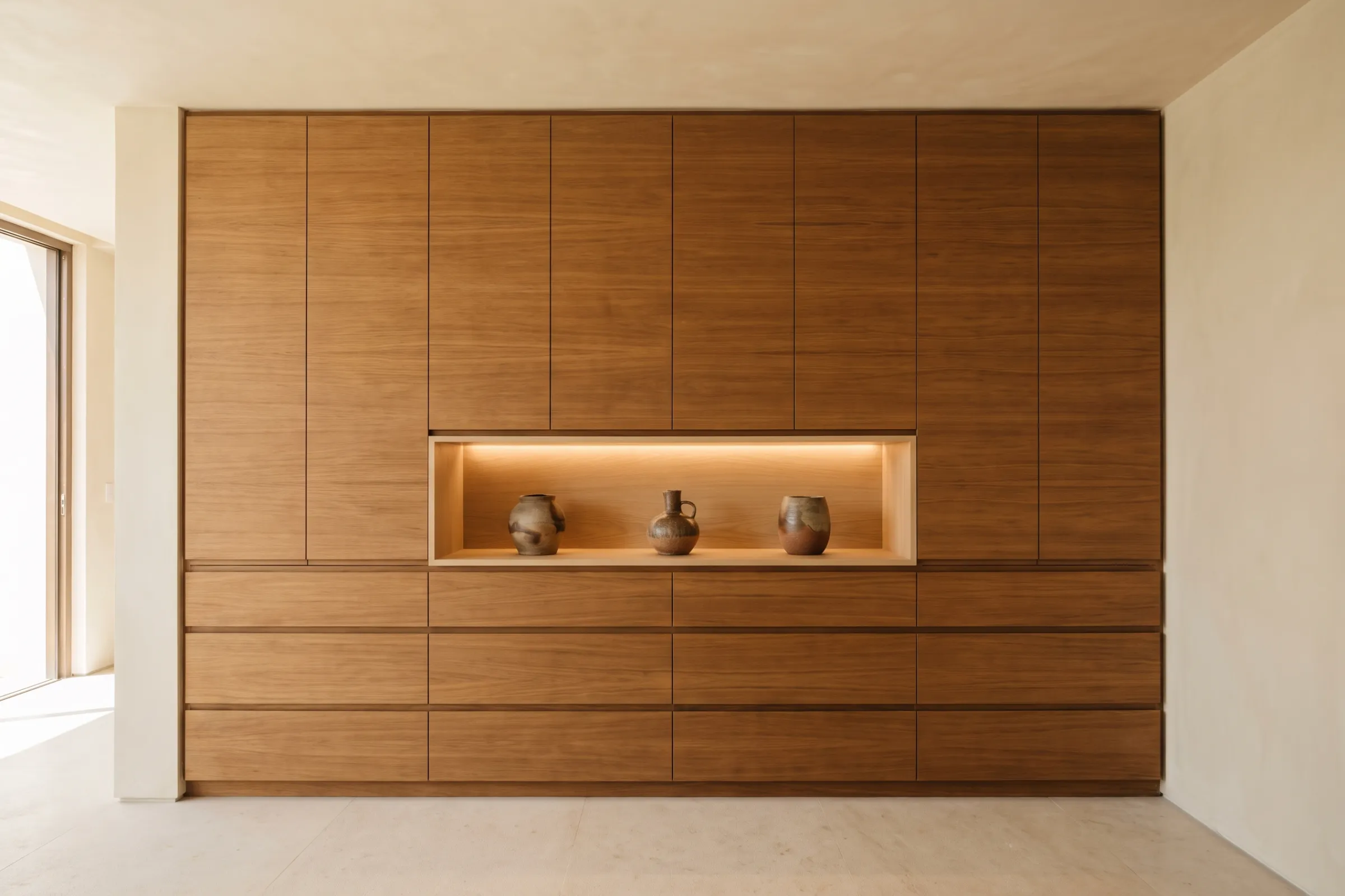 Floor-to-ceiling built-in storage wall with a lit open niche and deep drawers in a villa interior