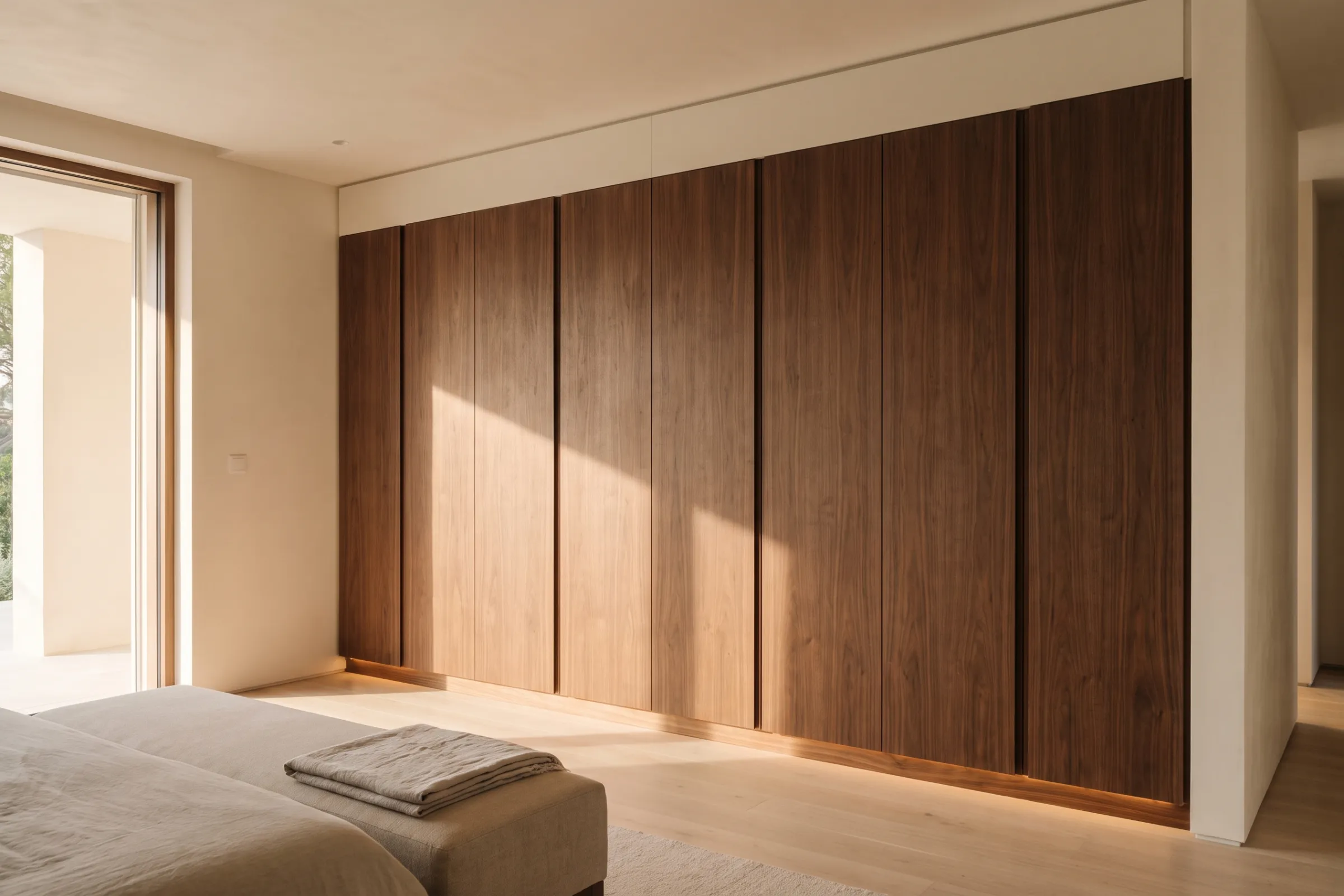 Wall-to-wall built-in wardrobe with walnut doors and a lit base reveal in a villa bedroom