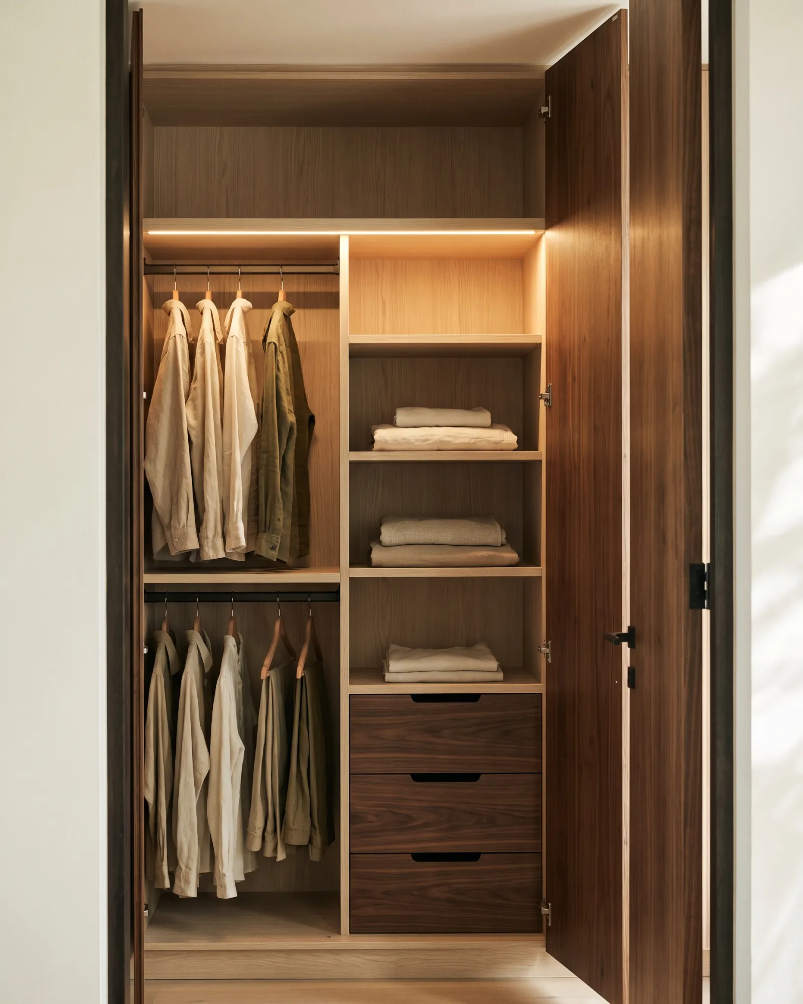 Open wardrobe interior with double hanging rails, shelves and walnut drawers lit by an LED strip