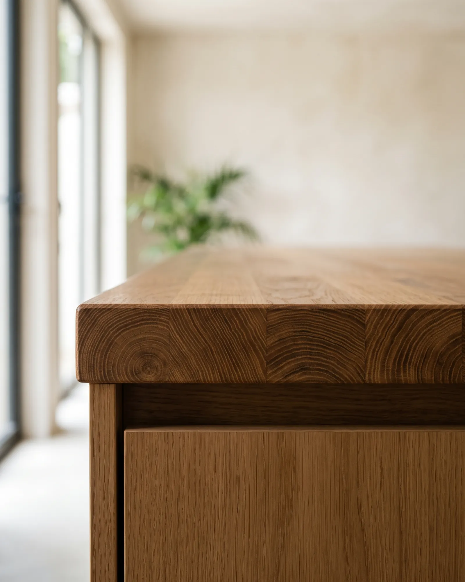 The corner of an oiled solid timber worktop, its end grain and growth rings visible along the eased front edge above an oak cabinet.
