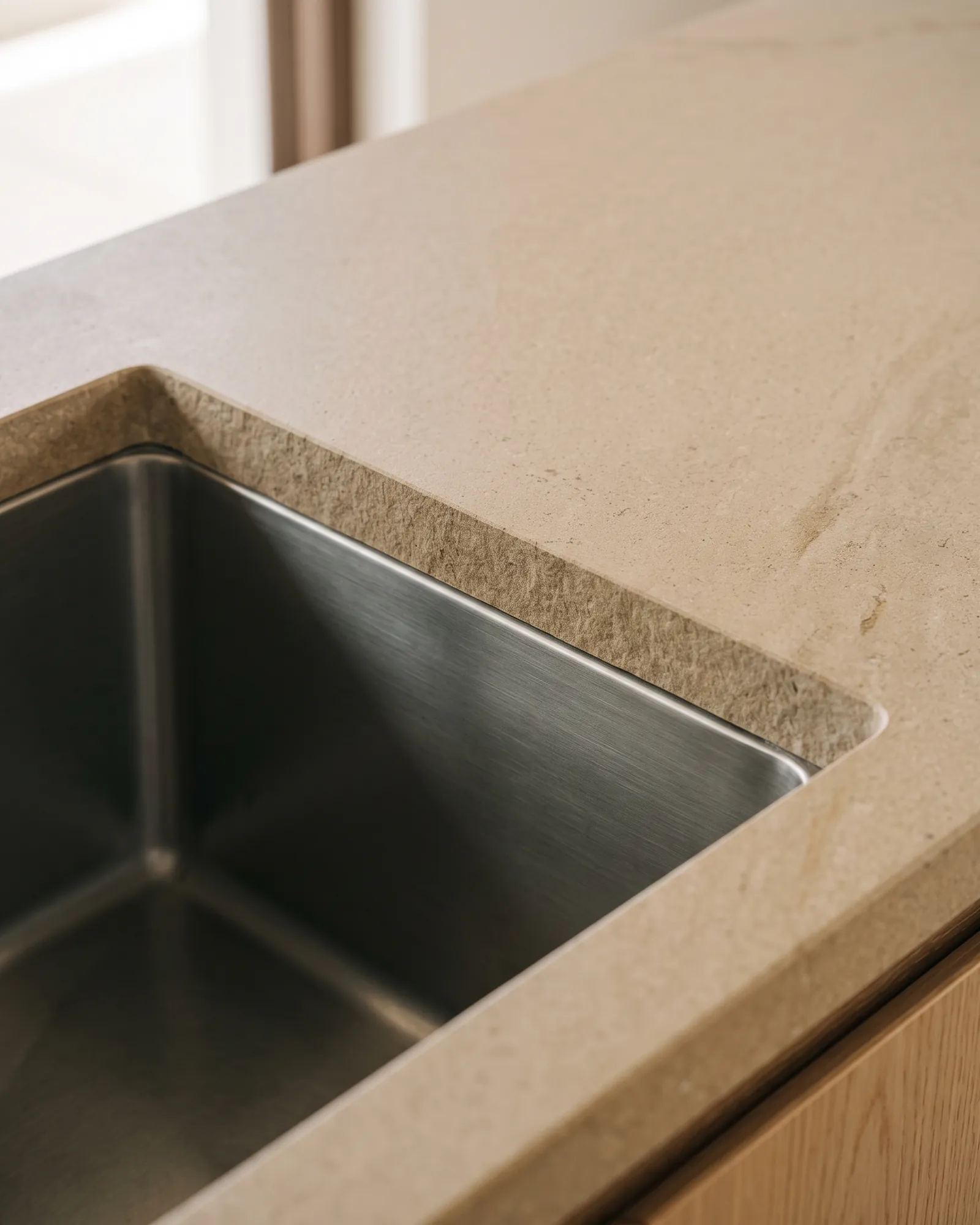 A stainless steel bowl undermounted beneath a stone worktop, the cut edge of the stone meeting the bowl rim with no lip above it.