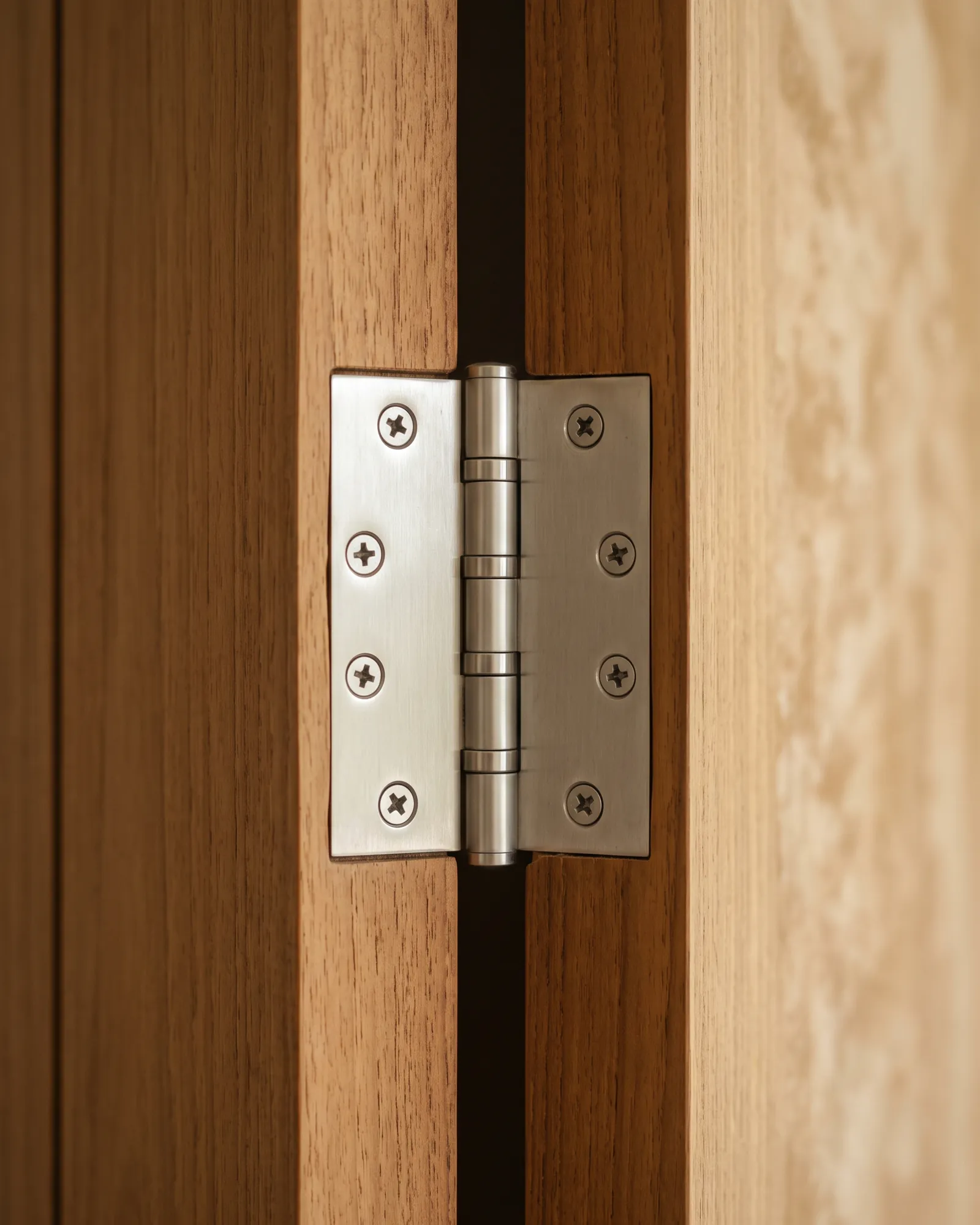 A stainless butt hinge sunk flush into mortises in both the door leaf edge and the frame leg, its knuckles and pin visible in the gap.