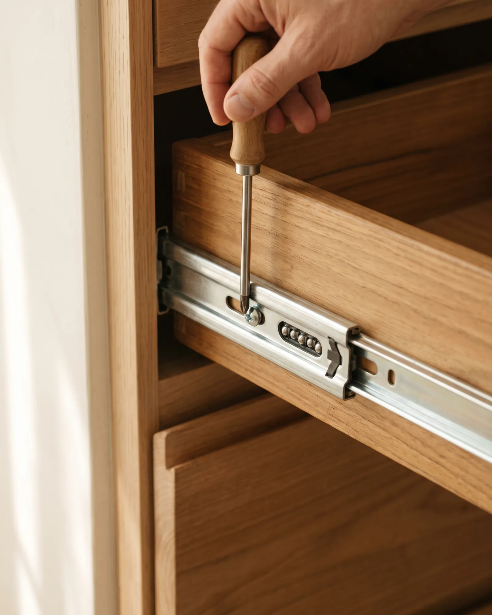 A screwdriver seated in a screw on a side-mounted ball-bearing drawer runner, its steel members and ball cage visible.