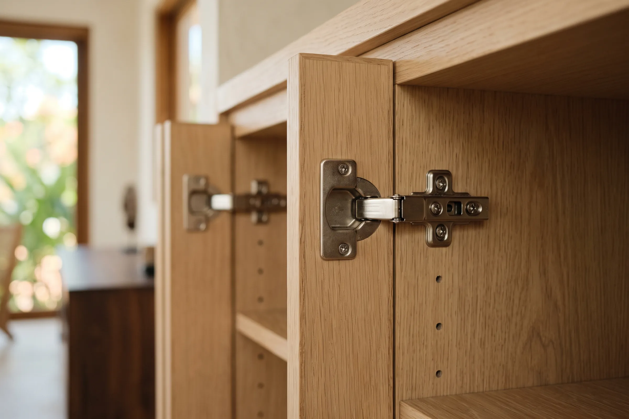 A concealed cup hinge on an open oak cabinet door: the cup set into the door, its arm bridging to a mounting plate on the cabinet side.