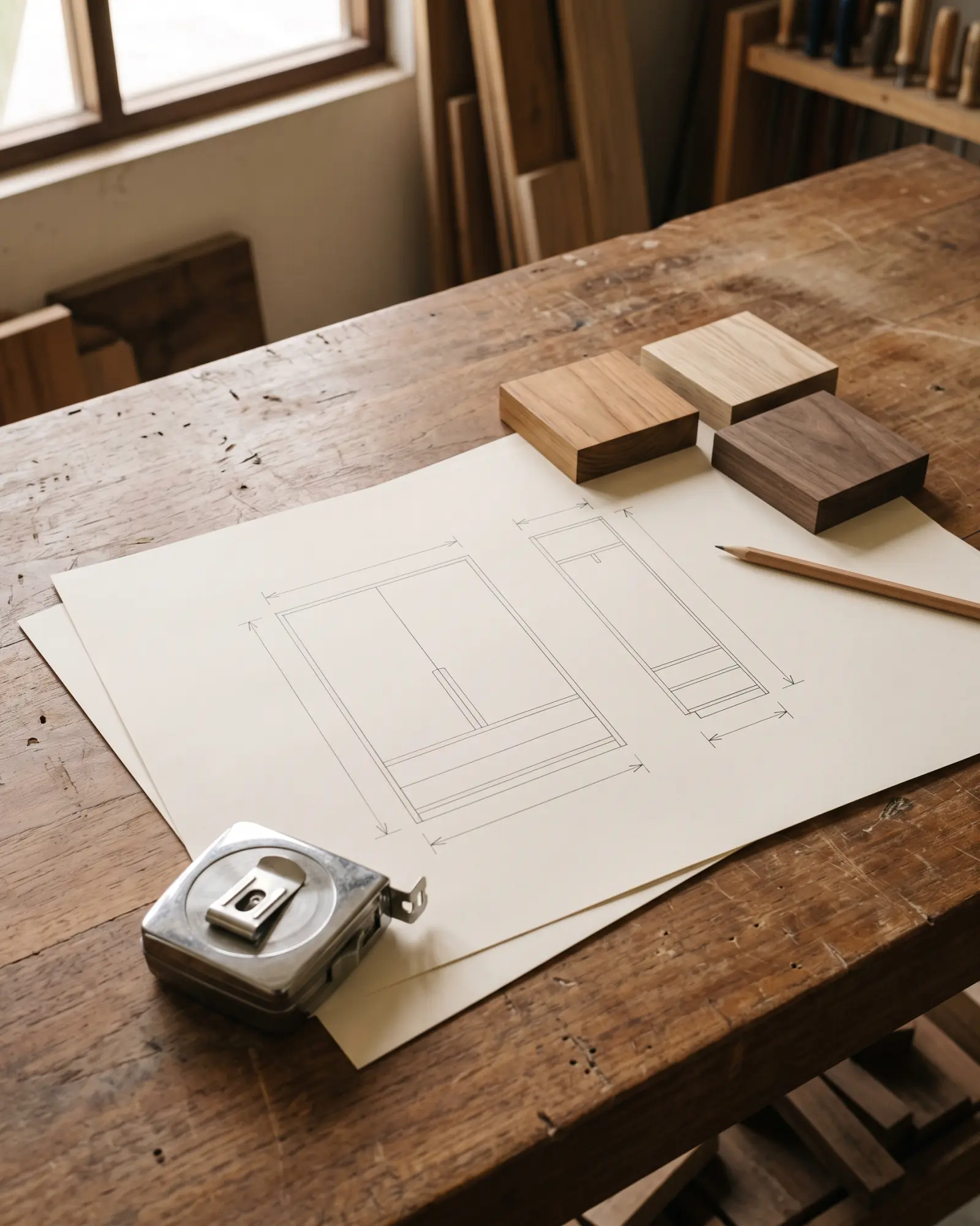 Wardrobe elevation and section drawings on a workshop bench with three wood sample blocks, a tape measure and a pencil.
