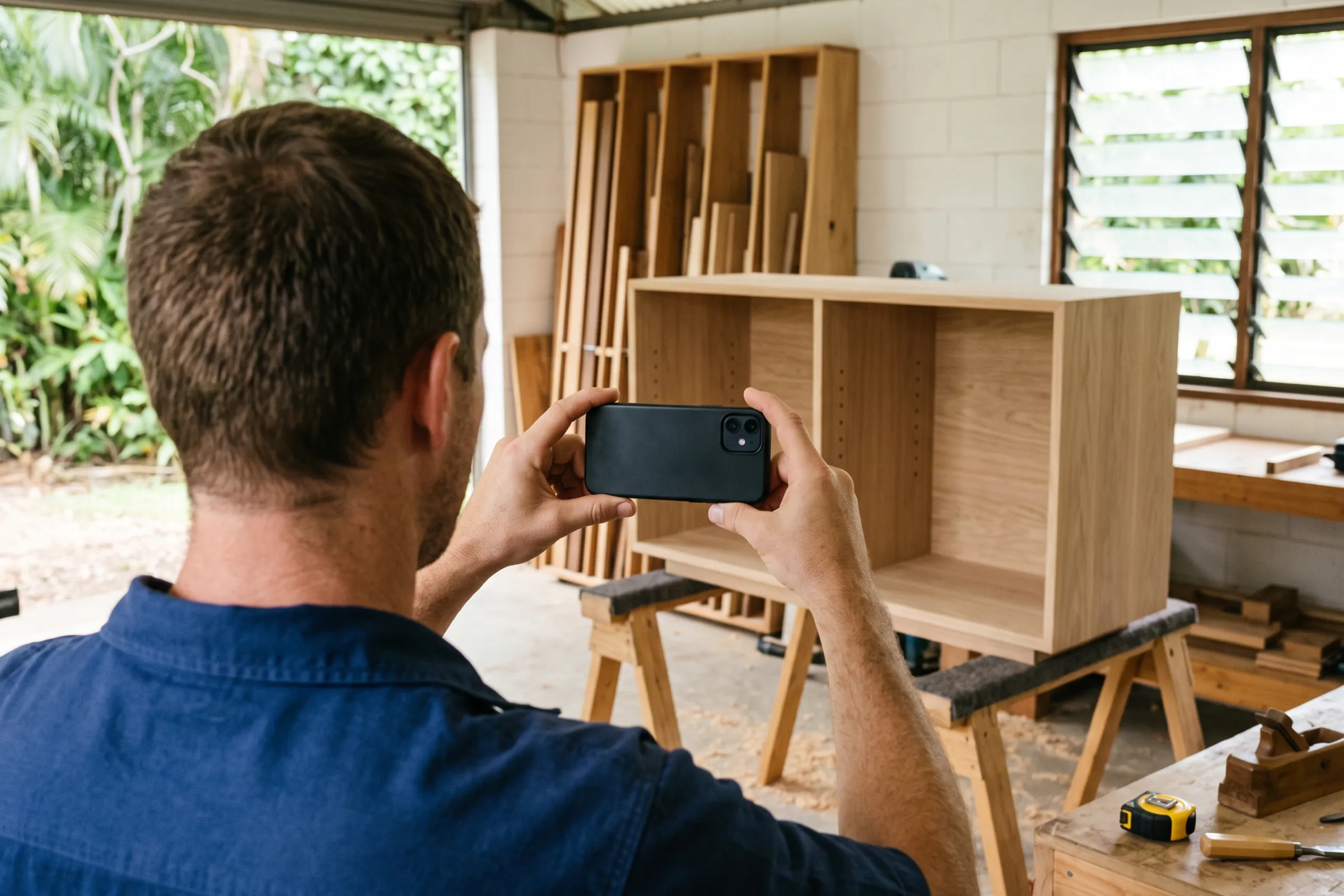A carpenter photographing an oak cabinet carcass on trestles with a phone, in an open workshop with a timber rack behind.