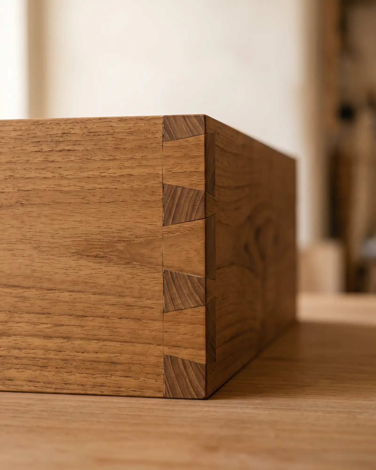 Hand-cut dovetail joint at the corner of a solid wood drawer box, standing upright in soft daylight.