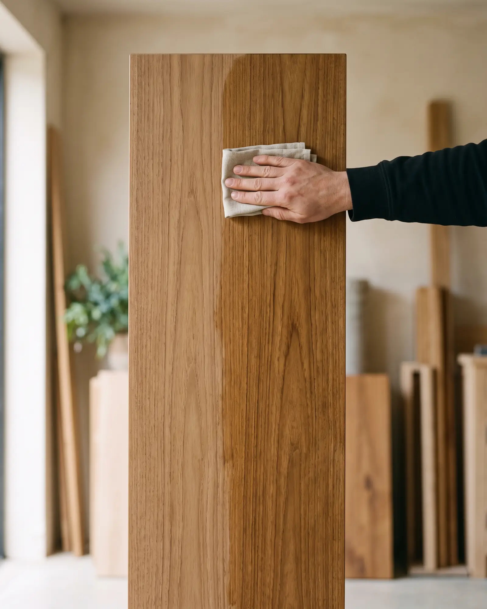 A hand pressing a folded cloth against the vertical side of a standing teak cabinet, the freshly oiled grain reading deeper than the dry surface beside it.