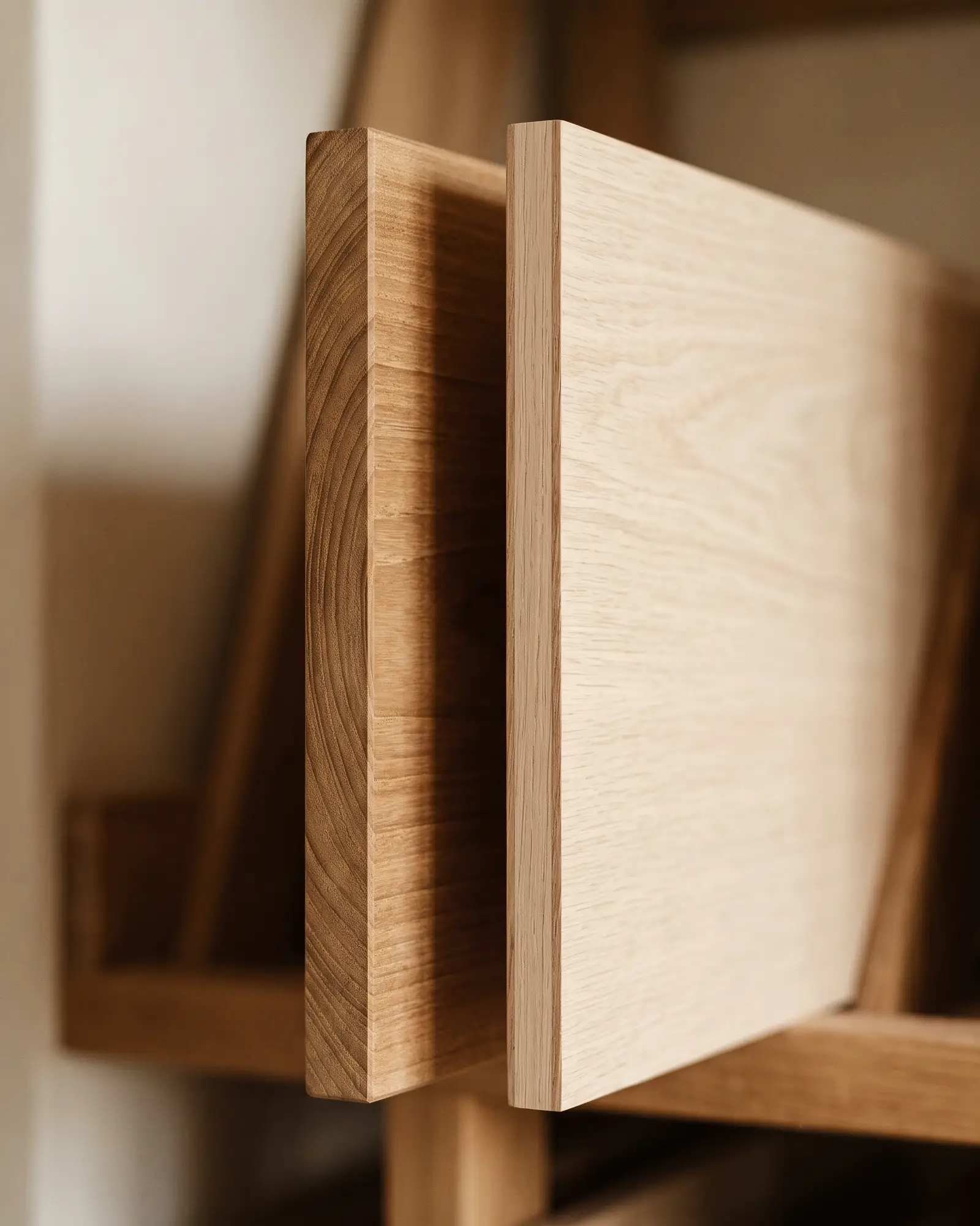 Close view of two board edges side by side: solid timber showing end grain next to a pale veneered panel with a thin straight hardwood lipping.