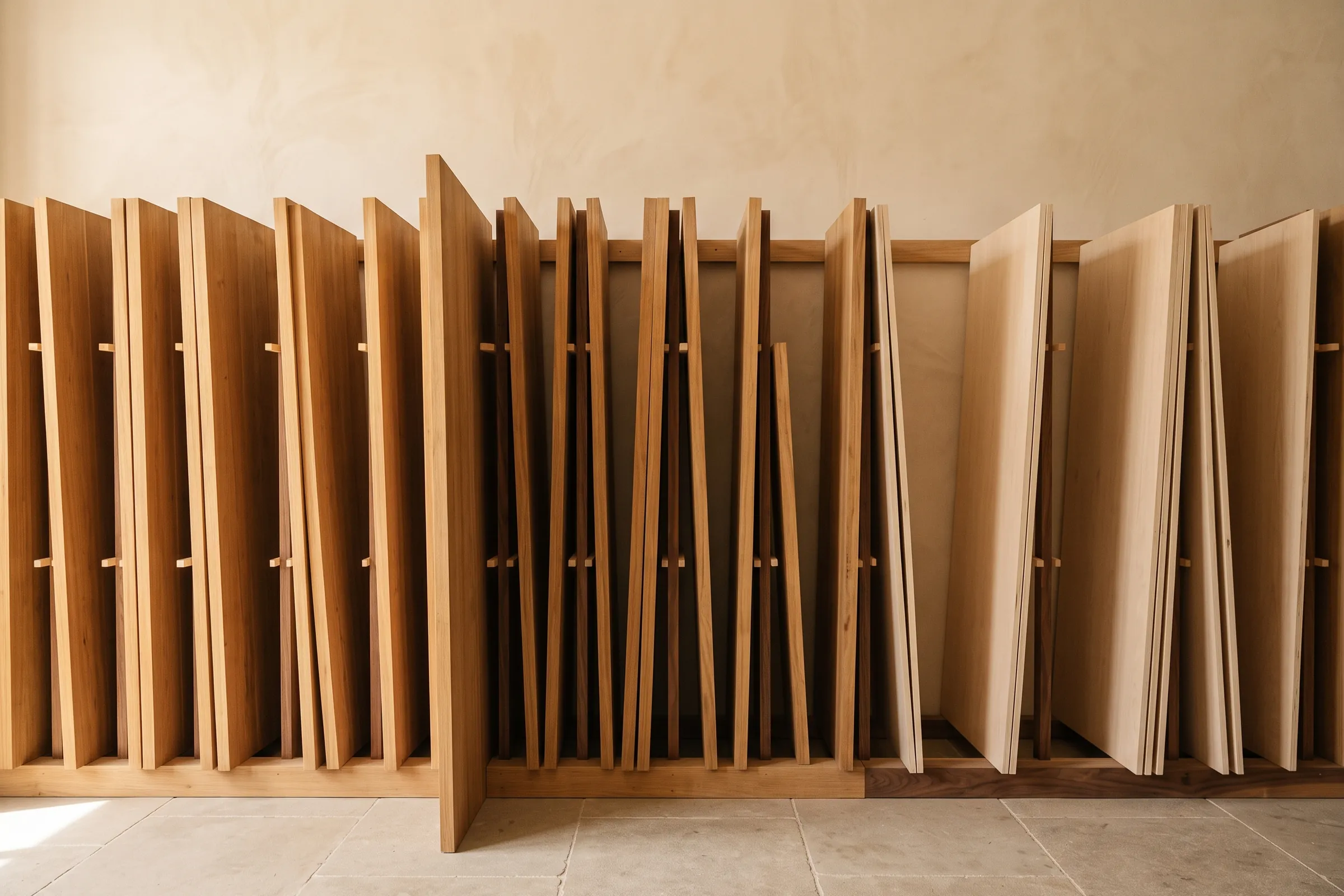 Solid teak boards standing on edge in a tall workshop rack, one wide board pulled forward, with pale veneered panels stored in the bays at the right.