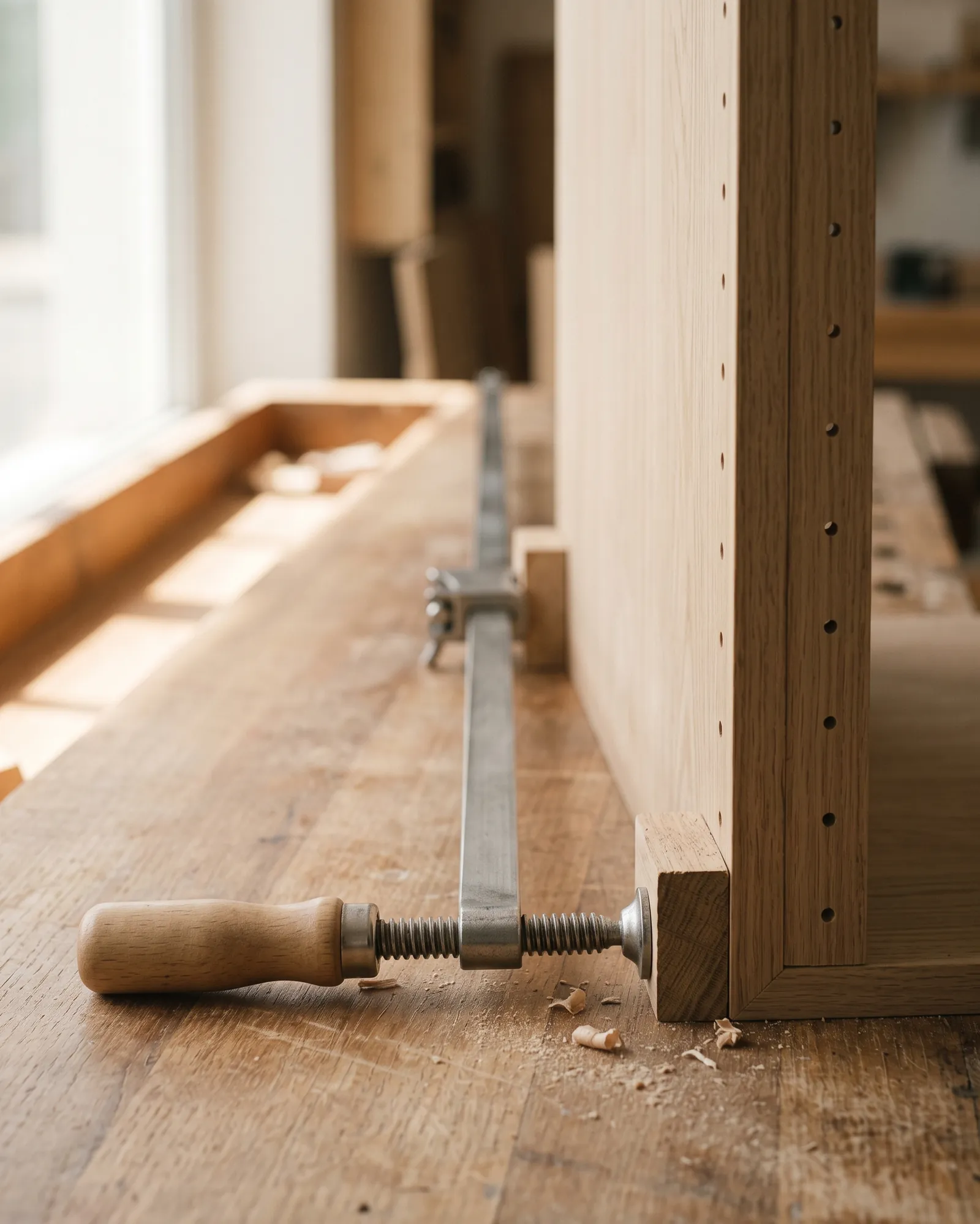 A sash clamp and softening block holding a cabinet carcass during glue-up, wood shavings on the workbench beside it.