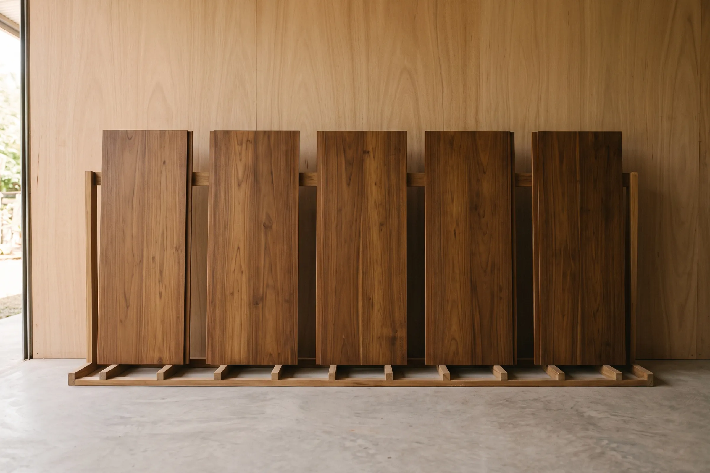 Five oiled timber door fronts standing on edge in a slotted drying rack against a plywood wall, their faces still dark from the oil.