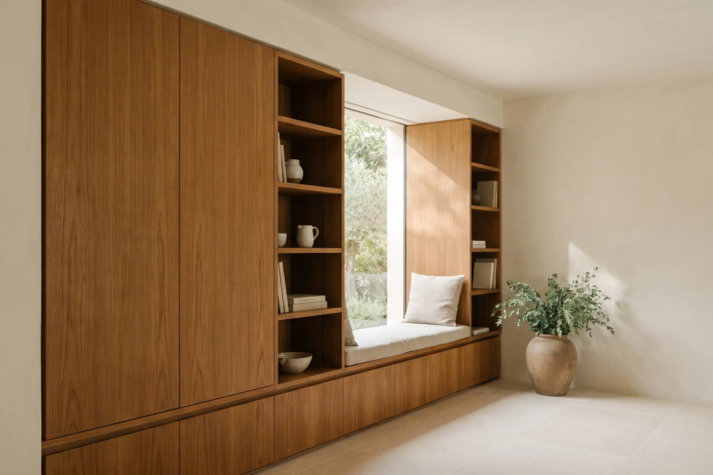 Full-height built-in teak shelving wall with an integrated window bench in a villa sitting room