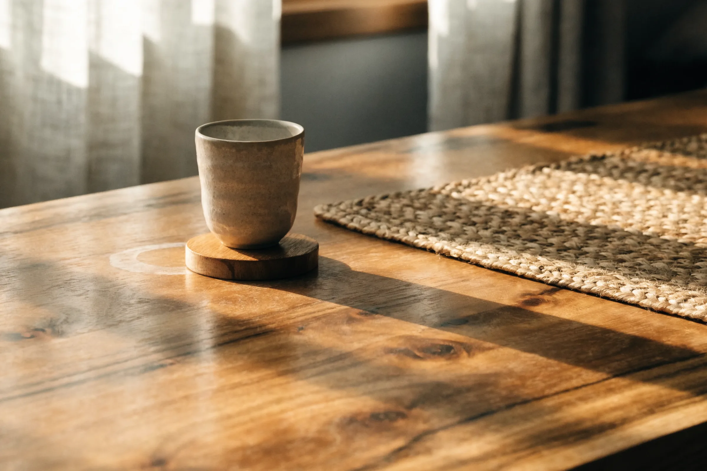 Cup on a coaster on a wooden table, a faint water ring on the bare wood nearby and a placemat beyond