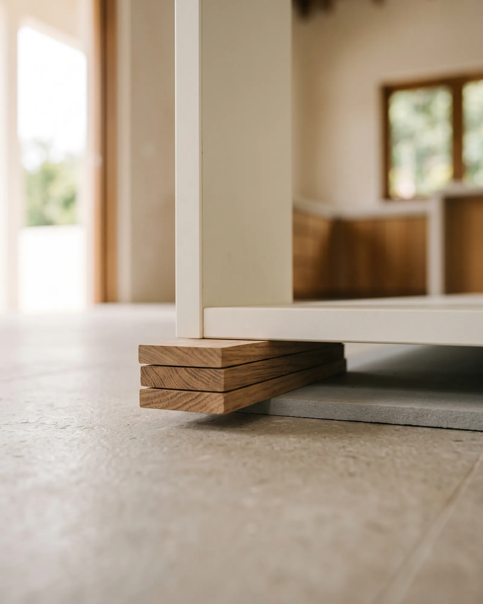 Three stacked timber packers shimming the corner of a white cabinet carcass clear of a tiled floor, seen at floor level.