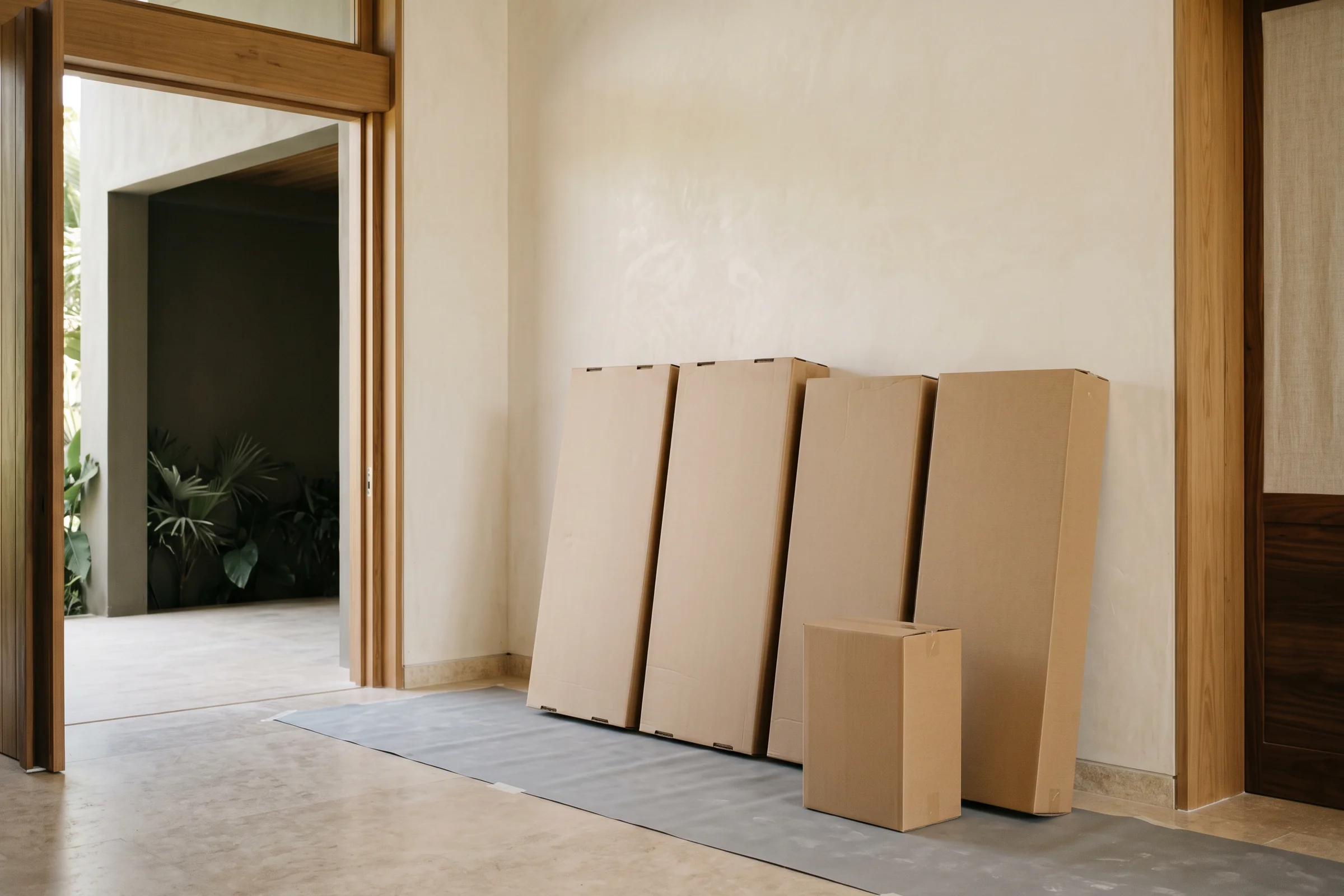 Plain unprinted flat-pack cartons standing upright on their edges against a plaster wall in a villa entrance hall, on grey floor-protection board.