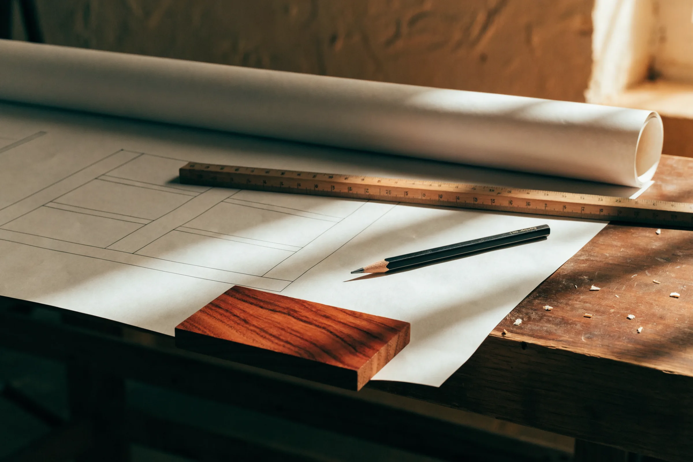 Unrolled drawings with cabinet elevation linework on a workbench, a wooden rule, pencil and hardwood sample block on top