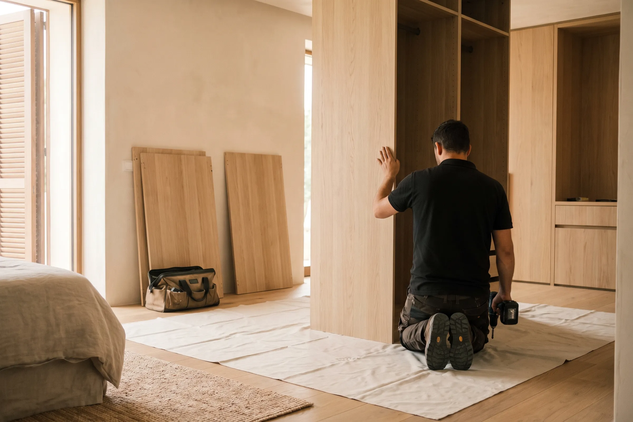 Installer kneeling on dust sheets while assembling a pale oak wardrobe carcass in a bedroom