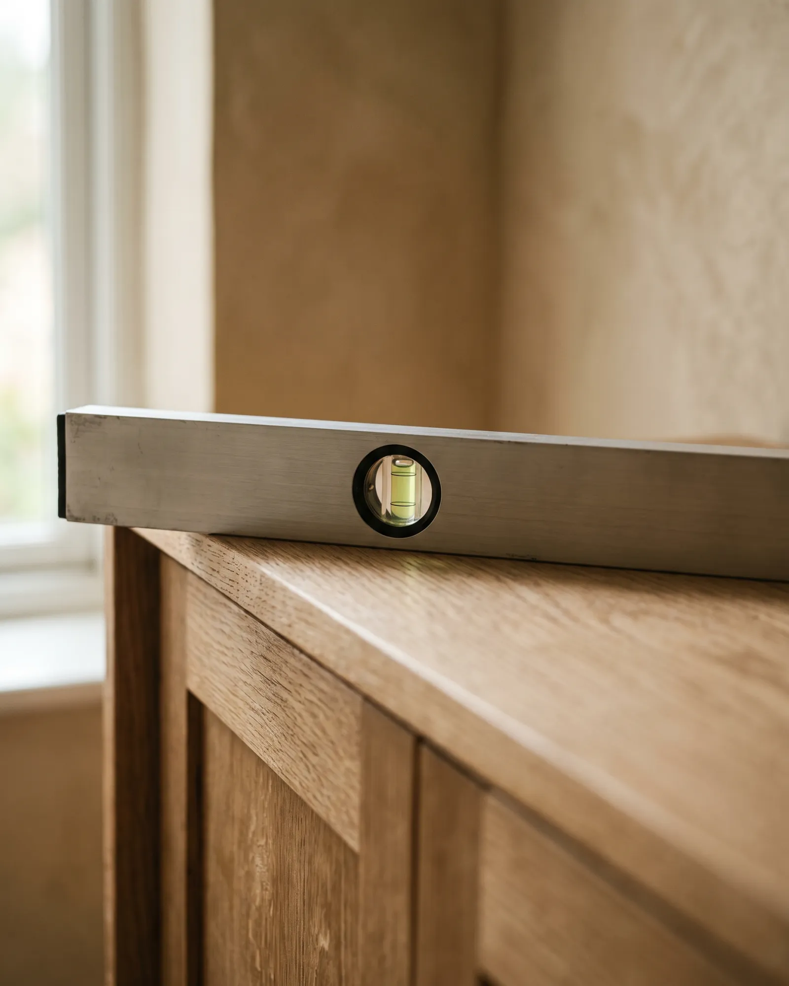 Spirit level lying on the top edge of an oak cabinet against a plaster wall