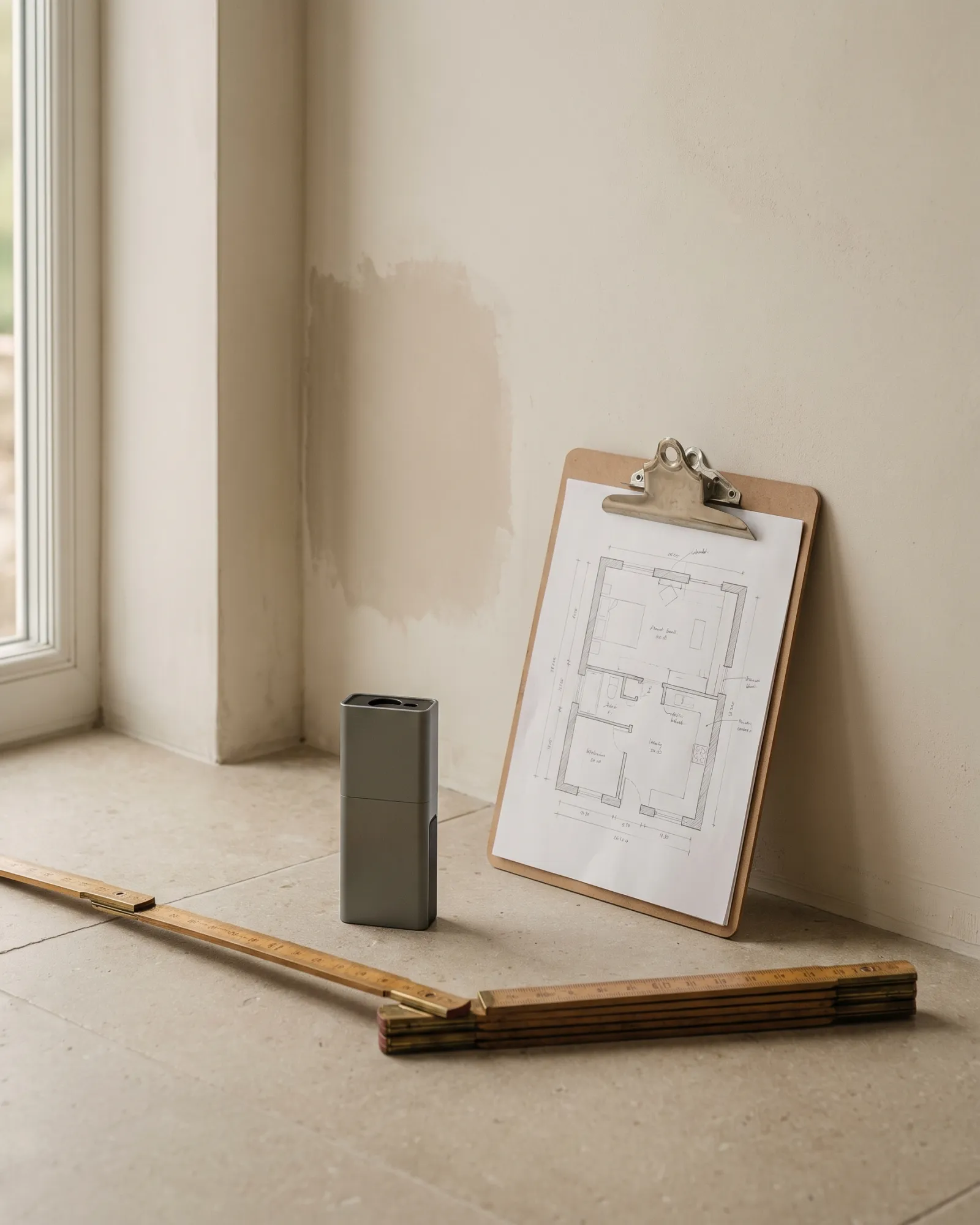 Measuring tools, a pencil room sketch and a folding rule on a bare villa floor during a site survey