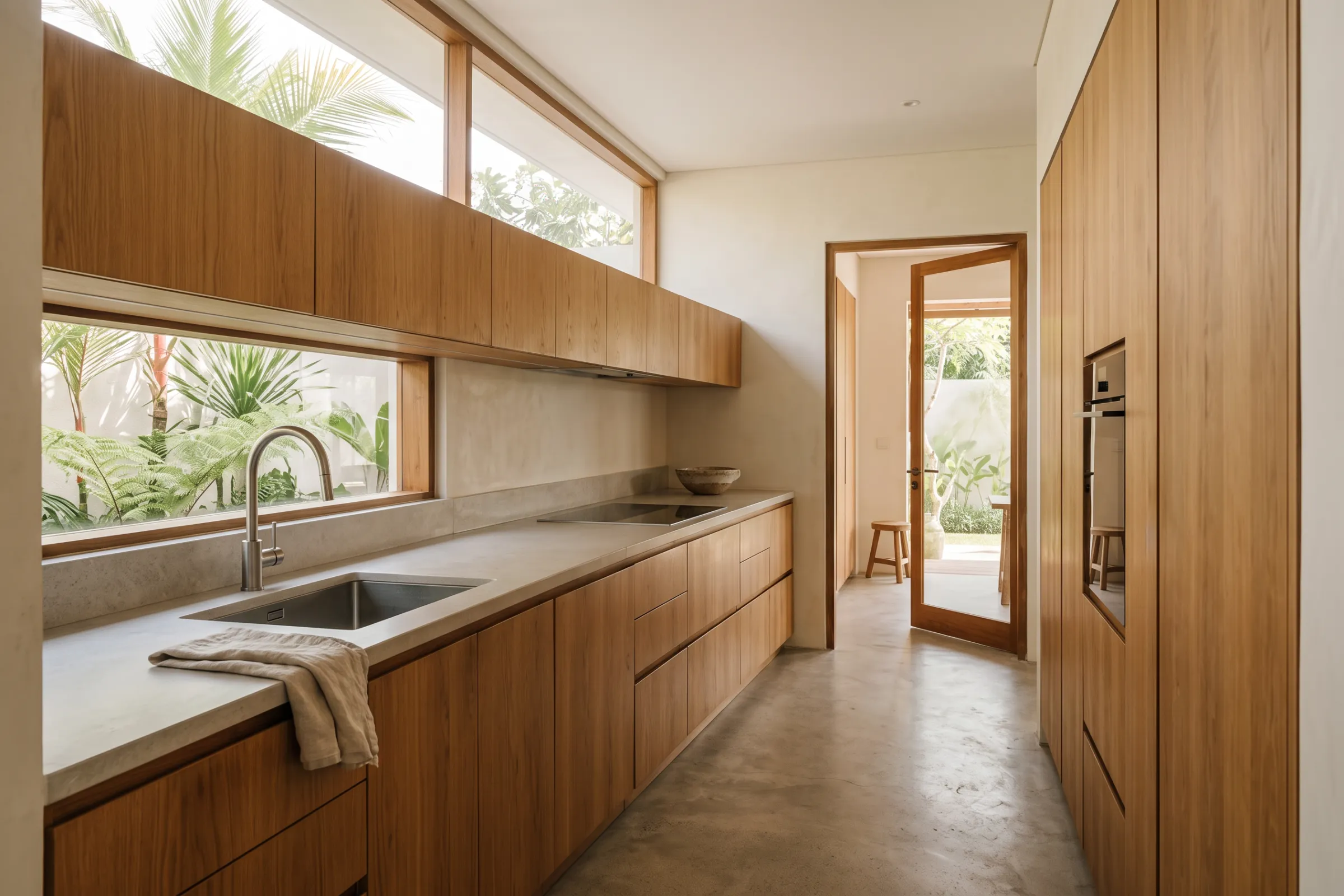 Warm oak galley kitchen with a stone worktop, undermount sink and garden-facing windows