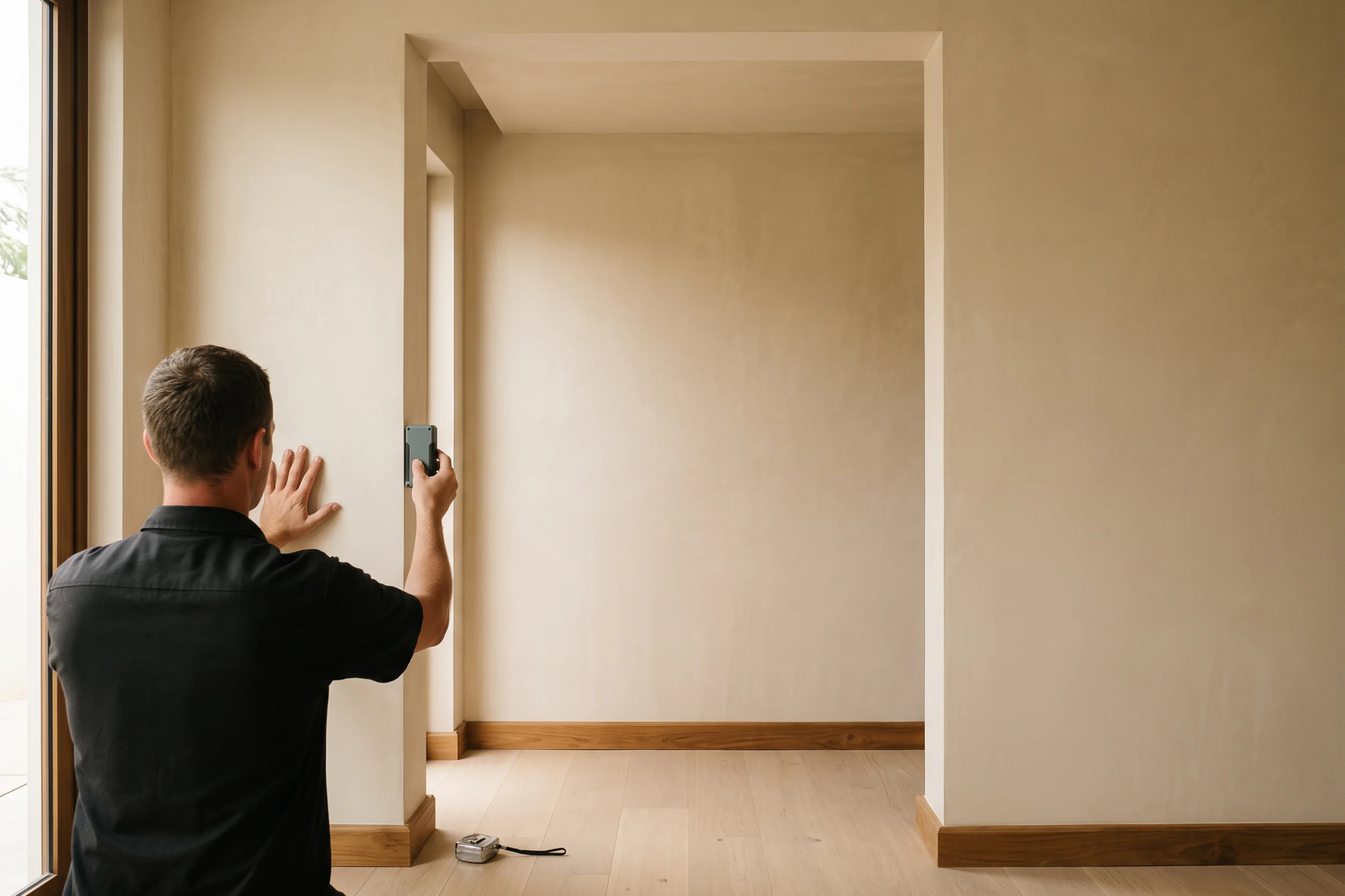 A carpenter holding a laser distance meter against the reveal of an empty full-height alcove in a plastered room.