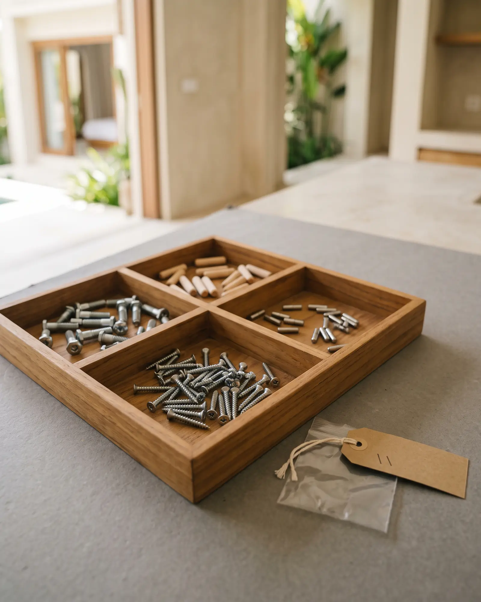 A four-compartment timber tray with cabinet fittings sorted by type: bolts, dowels, barrel nuts and screws, beside a plain bag and a blank tag.