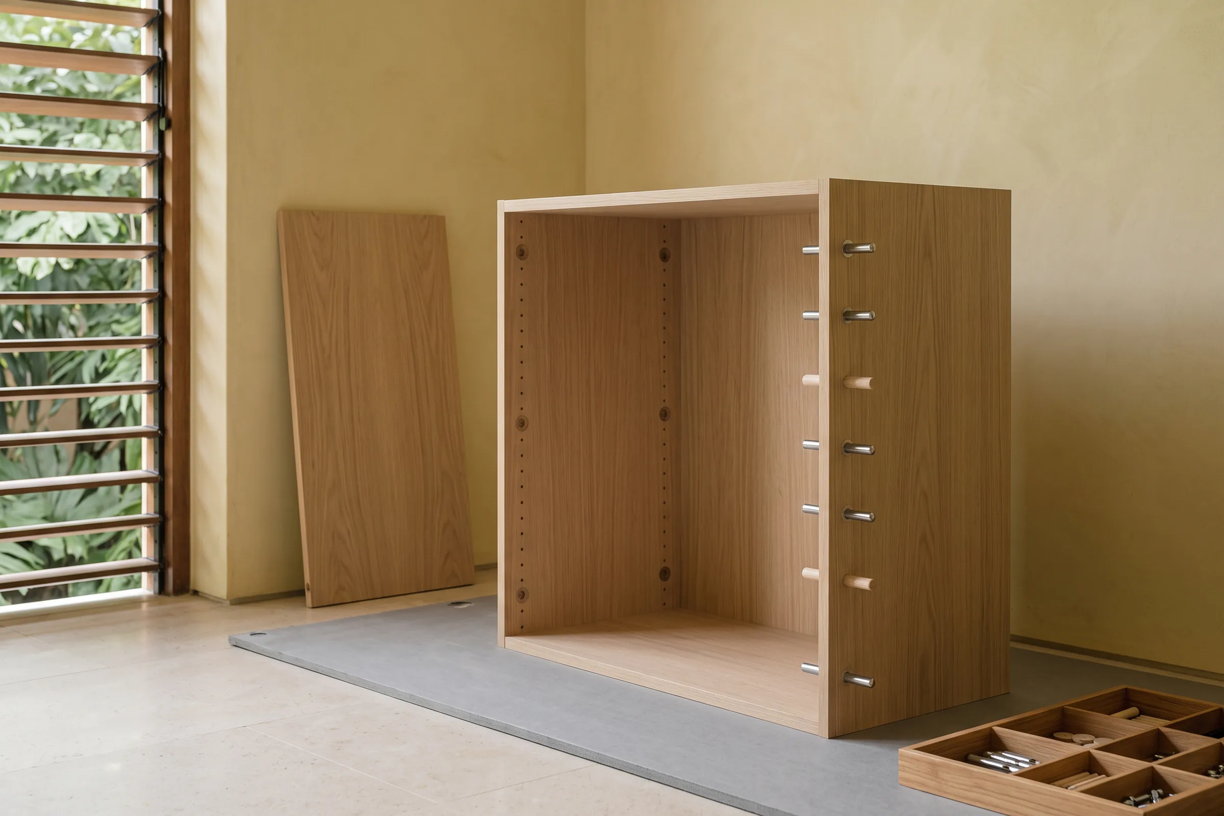 An open knock-down carcass on floor protection, its back panel leaning aside and cam bolts and dowels standing proud of the mating edge.