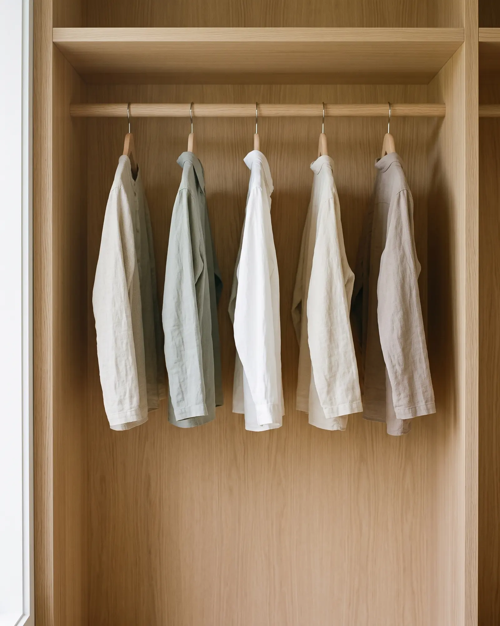Five linen garments hung with clear gaps between them on a timber rail inside a pale oak wardrobe.