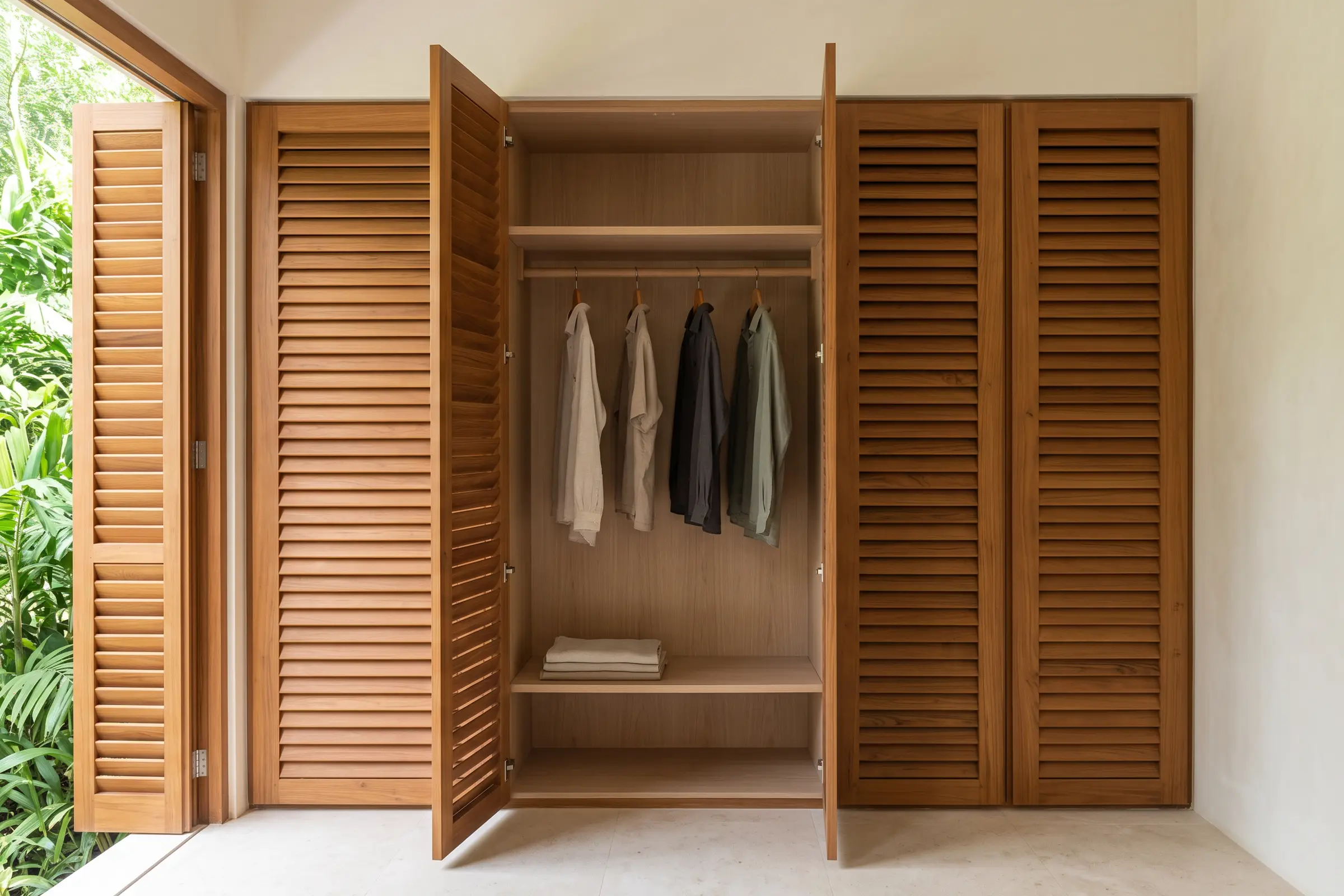 Floor-to-ceiling louvred wardrobe in a bright villa bedroom, one door open onto four linen garments hung with wide gaps, with a louvred window shutter open to foliage at the left.