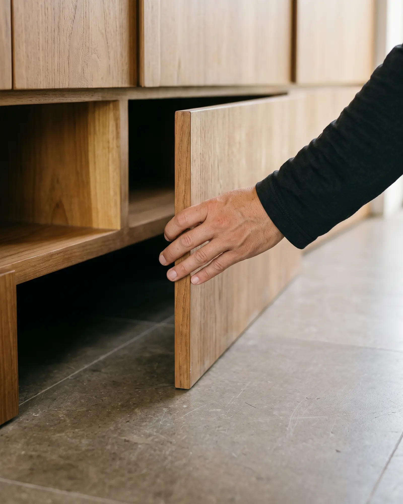 A hand steadying a removed teak plinth panel upright on the floor beside the open plinth void of a built-in cabinet.