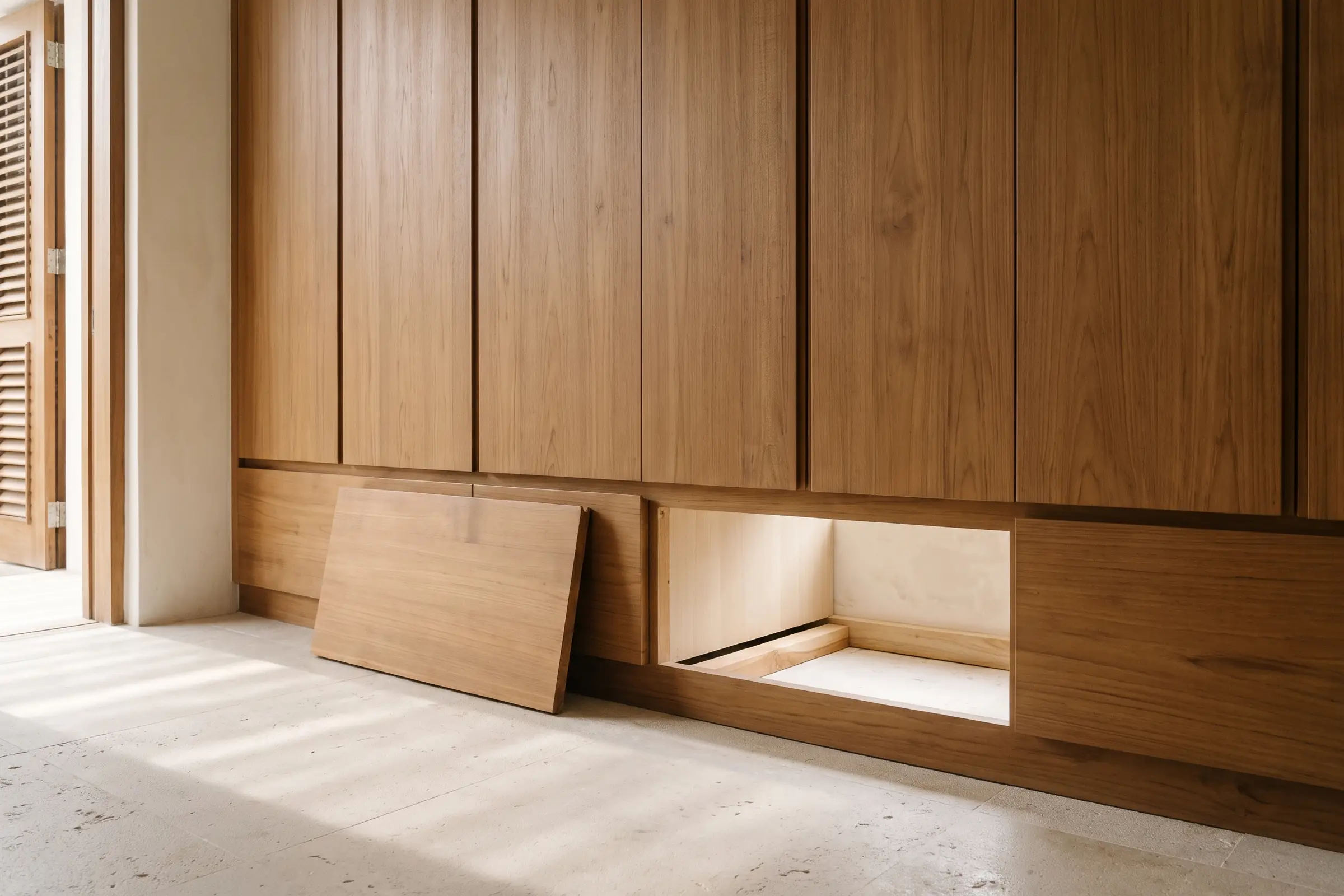 Built-in teak wardrobe with one wide plinth panel removed and leaning against the doors, the shallow void beneath the cabinet open and clean.