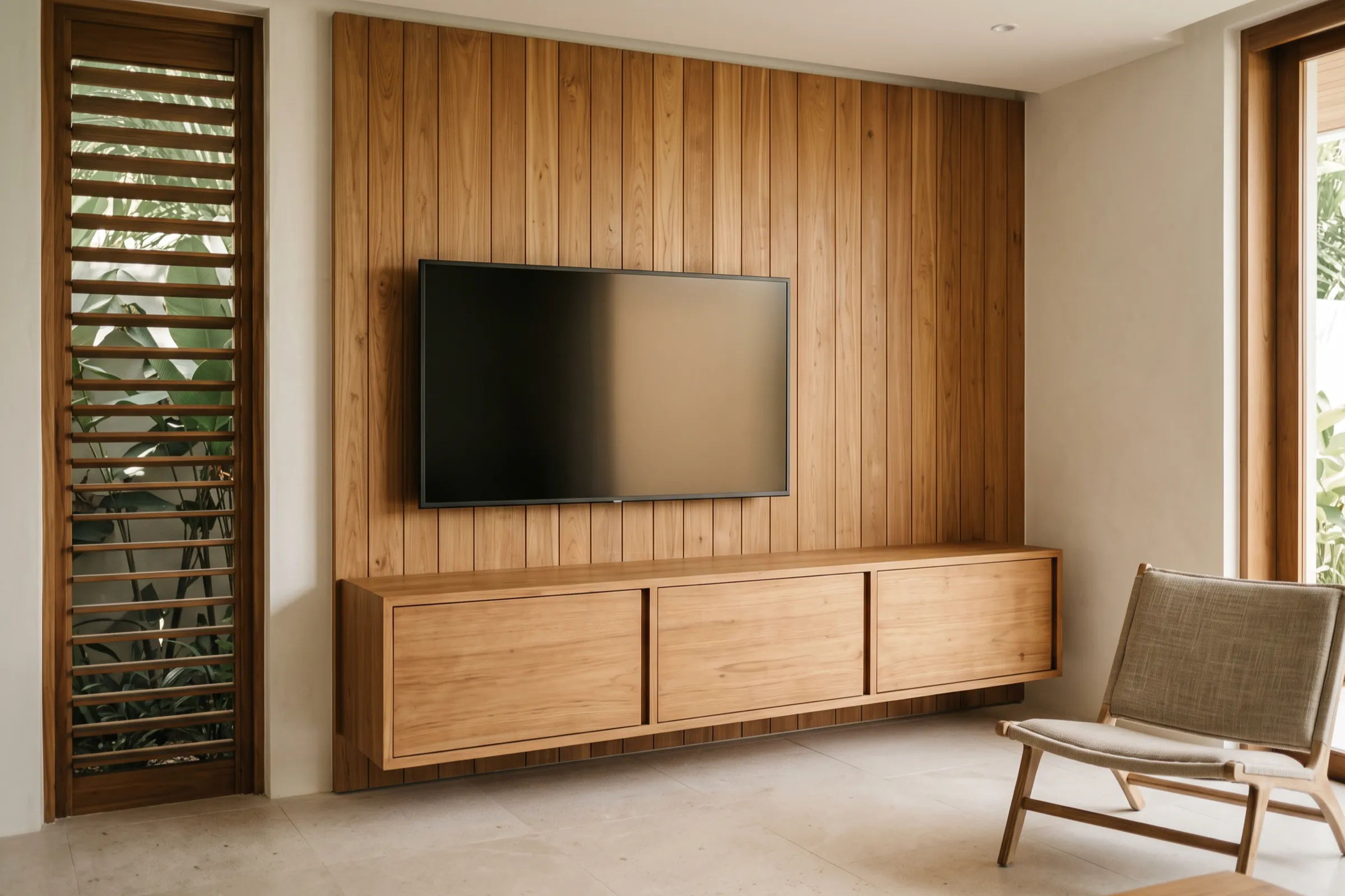 Living room with a vertical-plank teak media wall, a switched-off television mounted on the panelling and a floating handleless cabinet below, beside a tall louvred shutter.