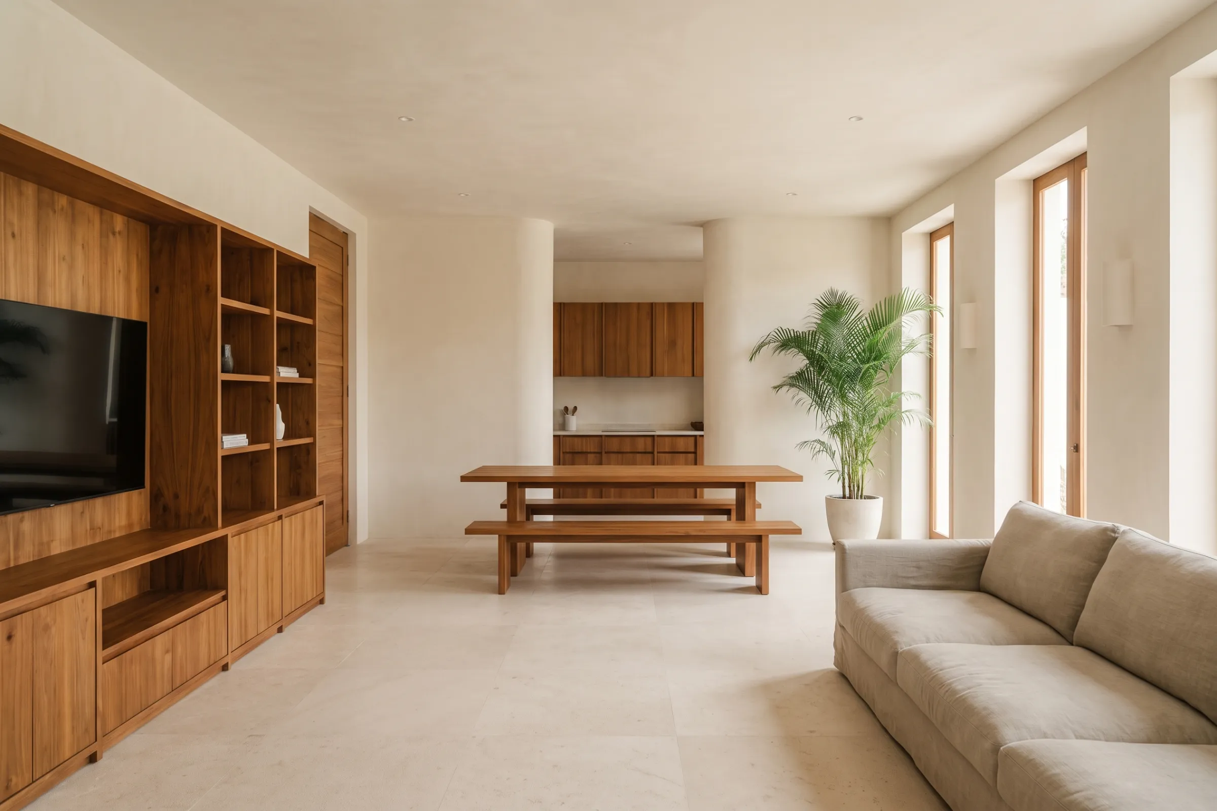 Open-plan villa living and dining space with coordinated teak built-ins sharing one finish language