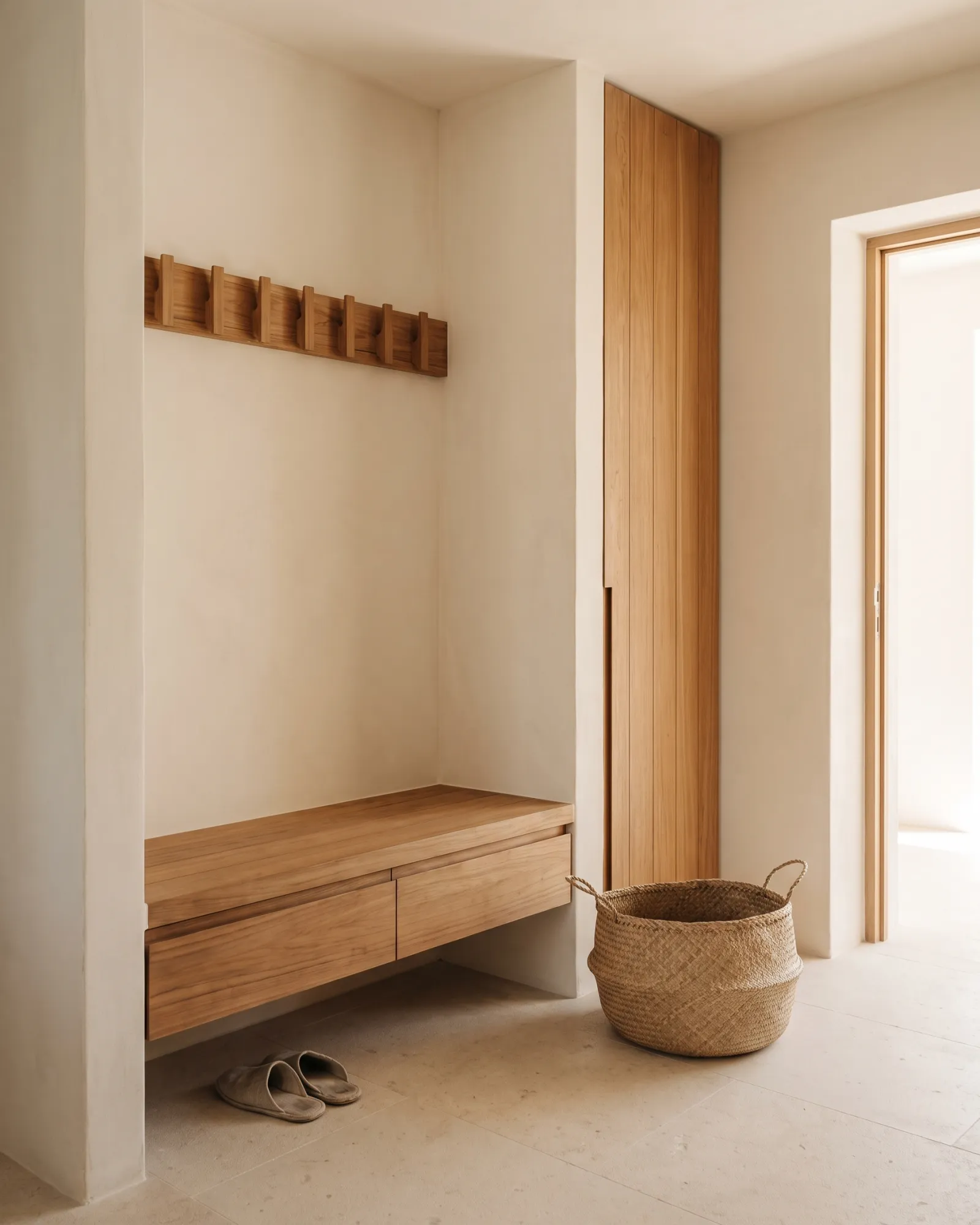 Villa entrance with a built-in teak bench, drawers beneath and a slim full-height cupboard