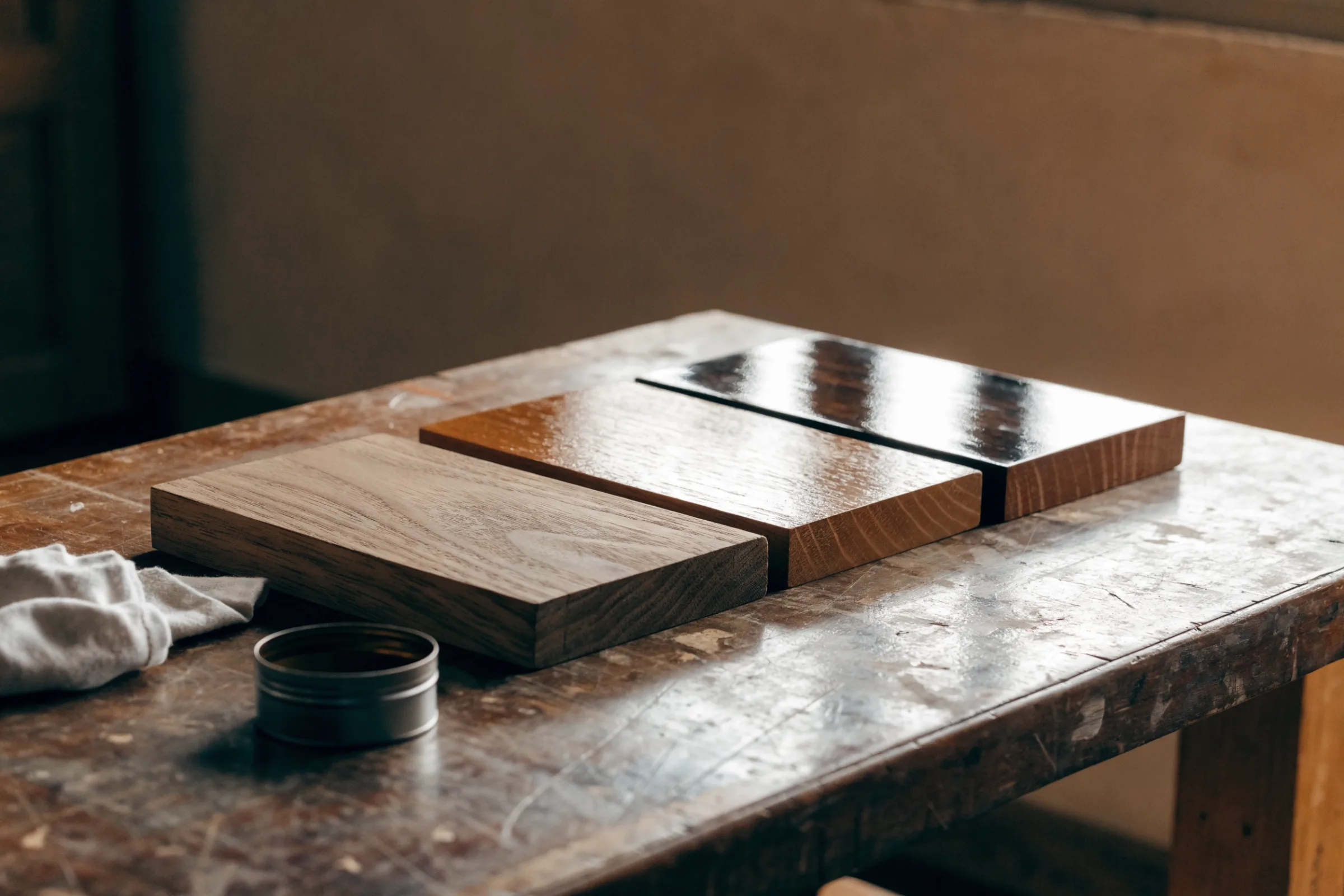 Three wood sample boards in matte, satin and gloss finishes on a workbench beside a rumpled cloth and an open tin