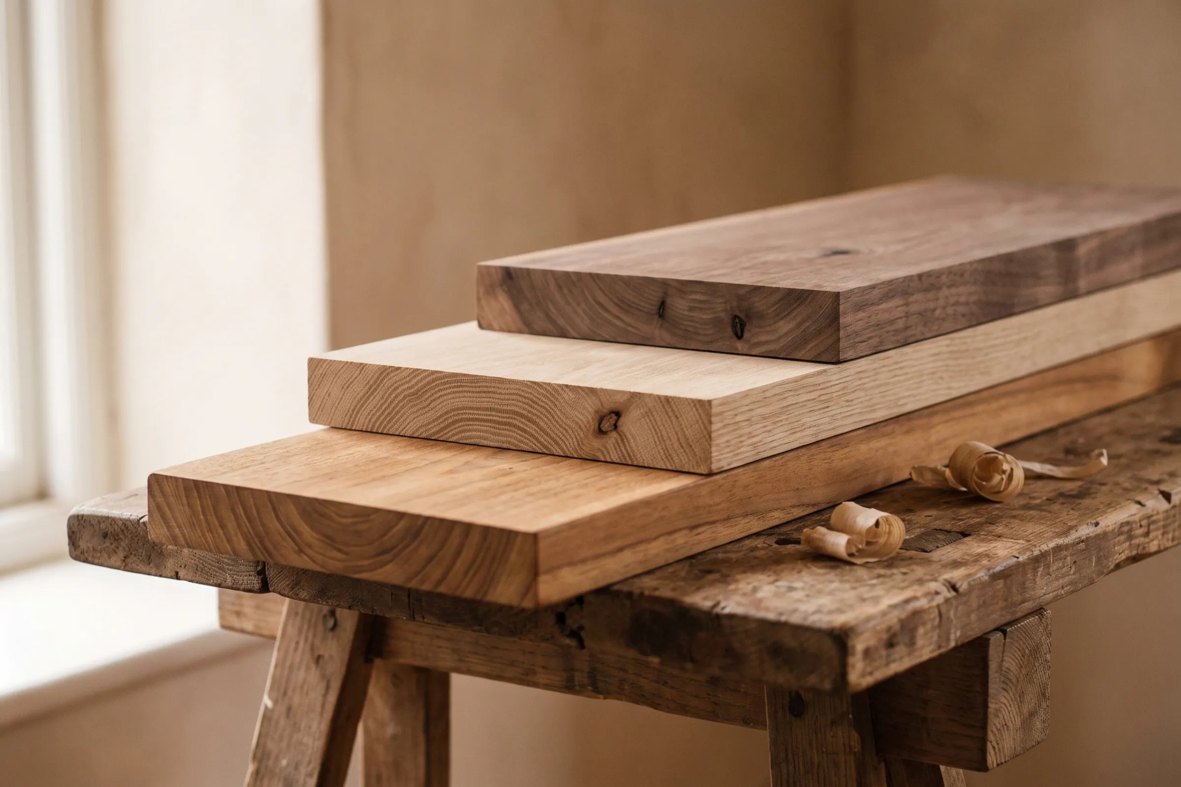 Stack of sawn teak, oak and walnut boards on a workshop trestle with end grain facing the camera