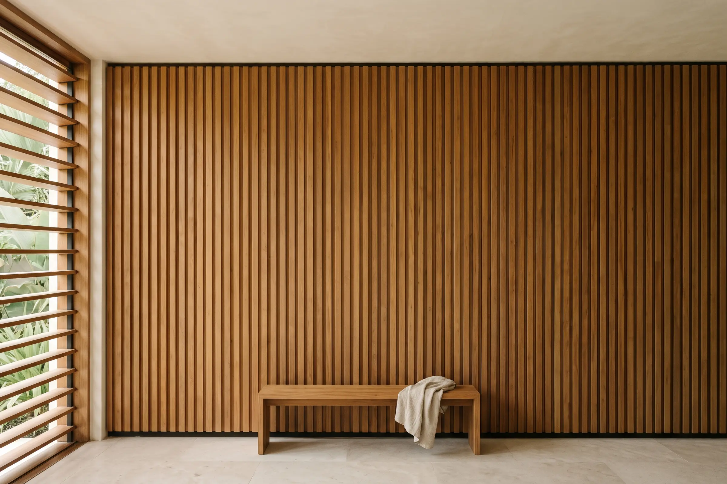 Villa living room with a floor-to-ceiling vertical teak slat feature wall, a low teak bench with a linen cloth in front and a louvred timber opening at the left.