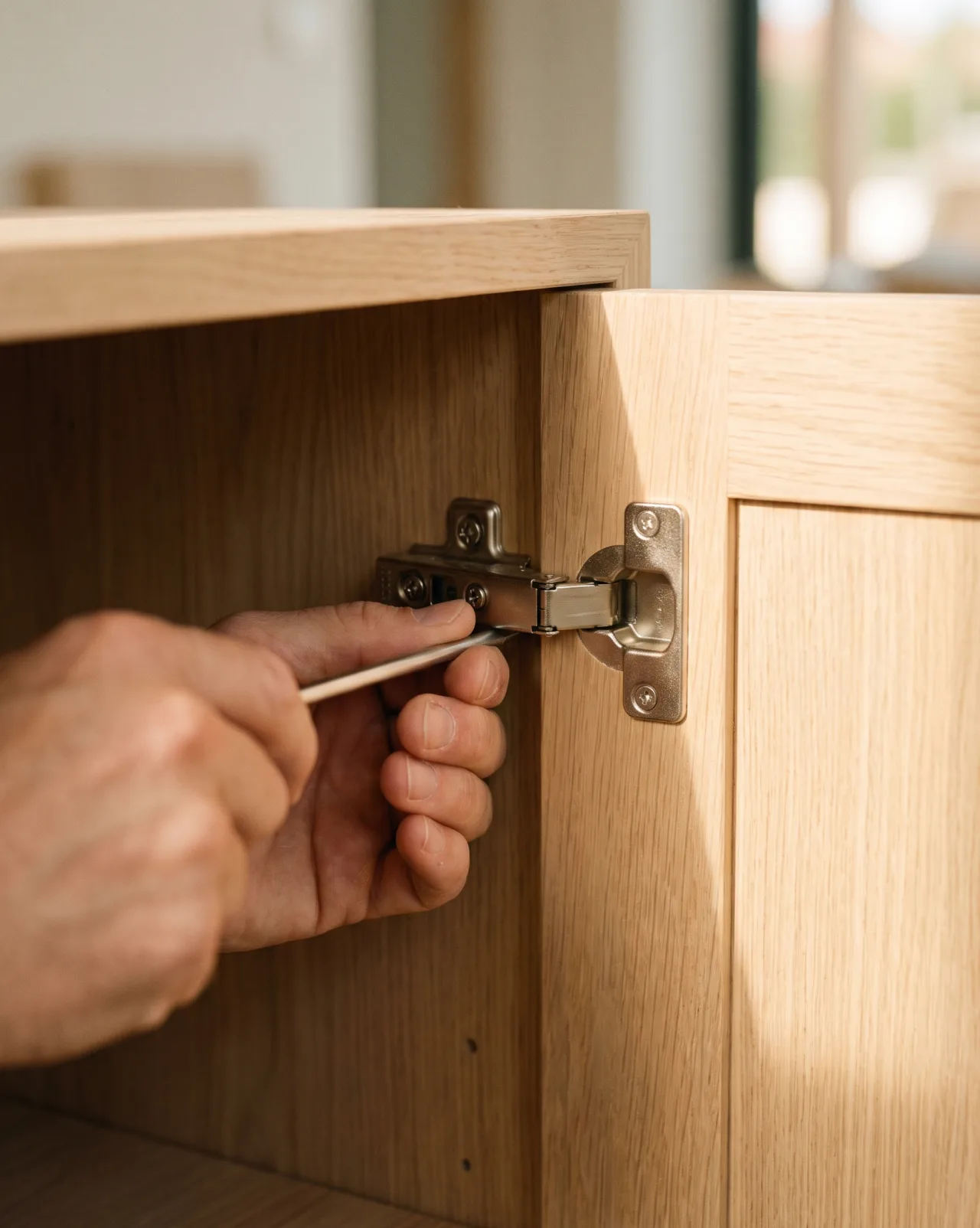 Close-up of a concealed hinge being adjusted with a screwdriver during assembly