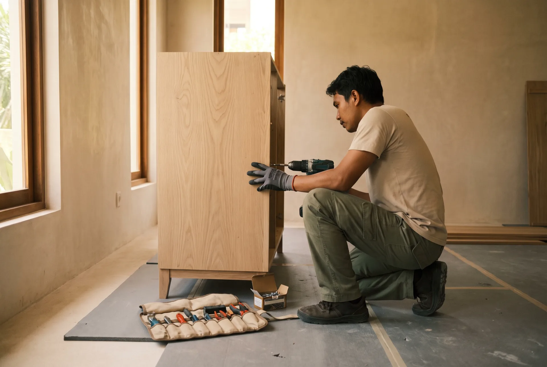 Furniture assembly concept with an installer fitting a wardrobe carcass on site
