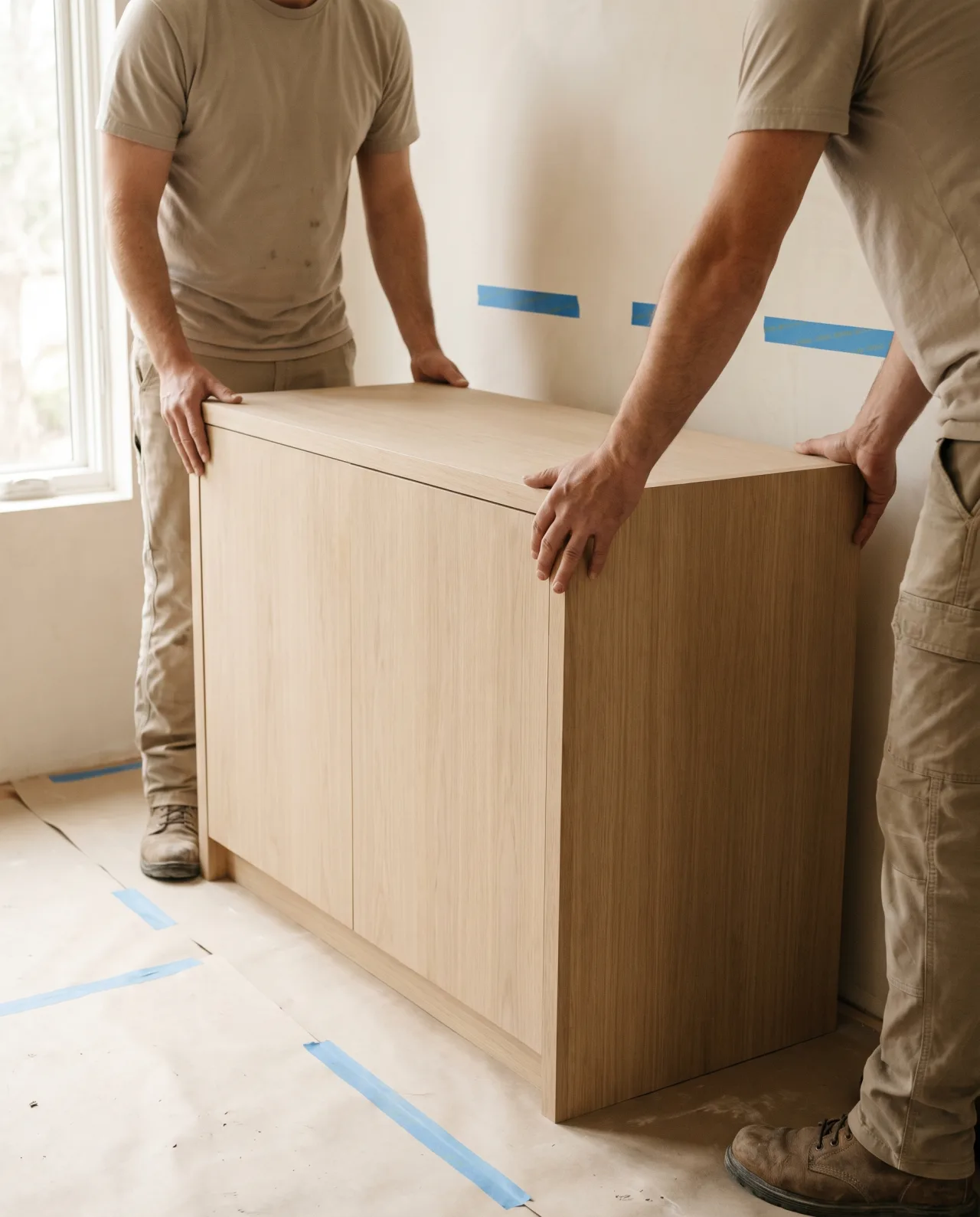 Design visualization of installers positioning a finished cabinet against a wall