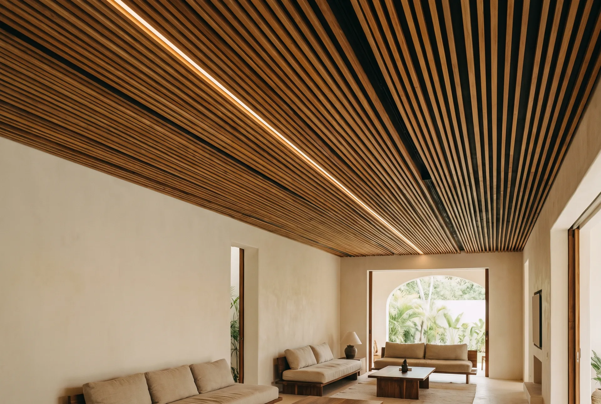 Slatted timber ceiling concept with integrated linear lighting over a tropical living room