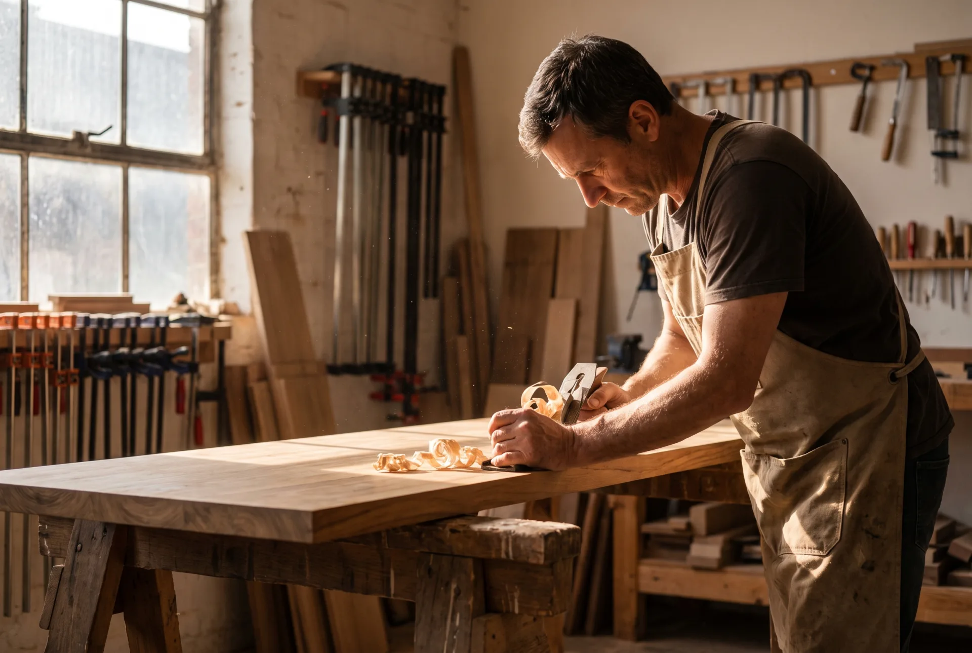 Carpentry workshop visualization with a craftsman hand-planing a solid wood tabletop