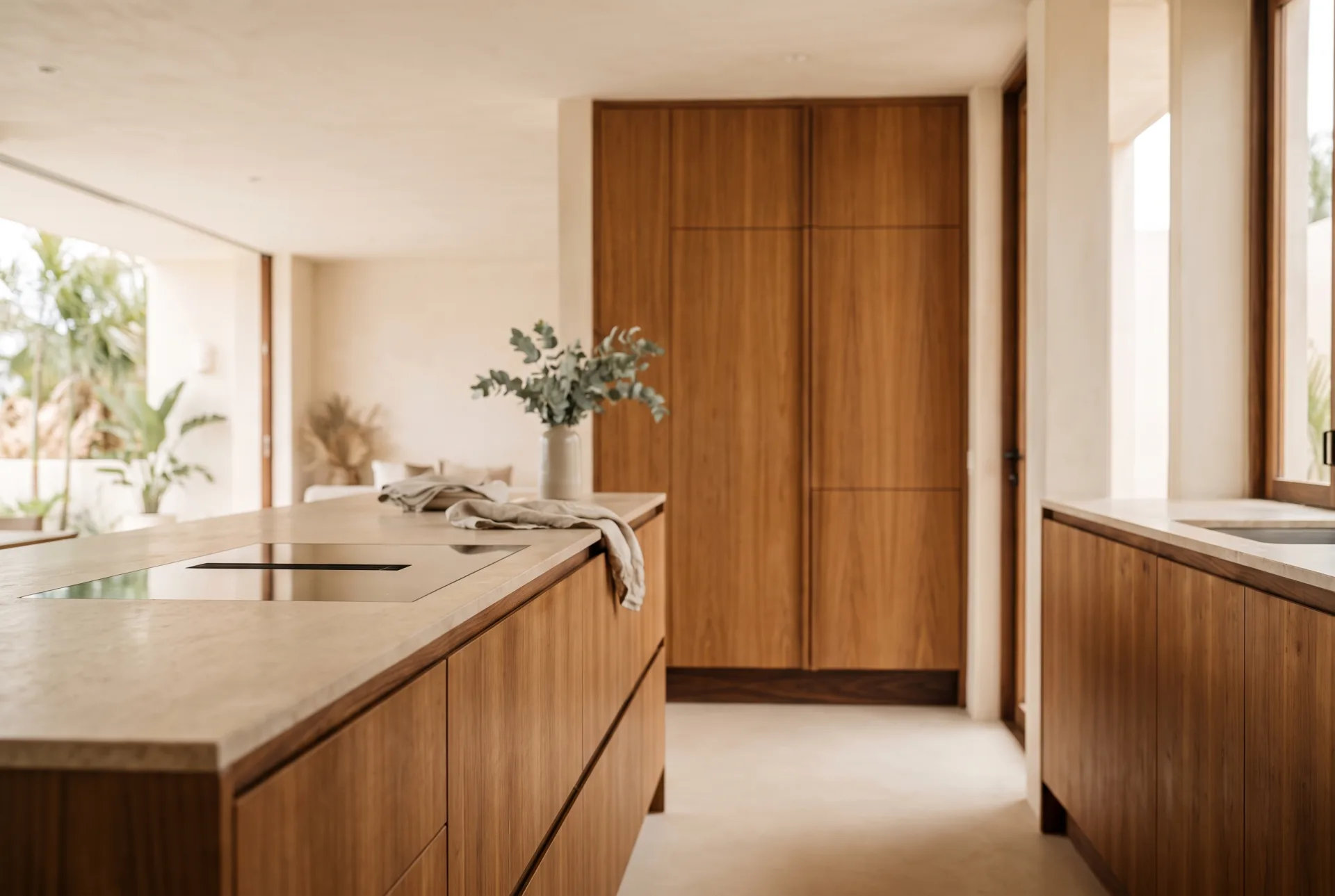 Design visualization of a fitted kitchen run with integrated hob and tall pantry units
