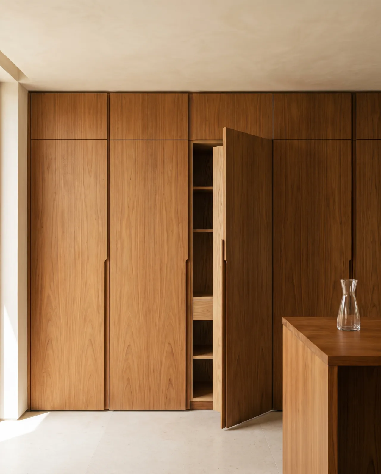 Full-height kitchen cabinet concept with grain-matched wooden doors, one door ajar